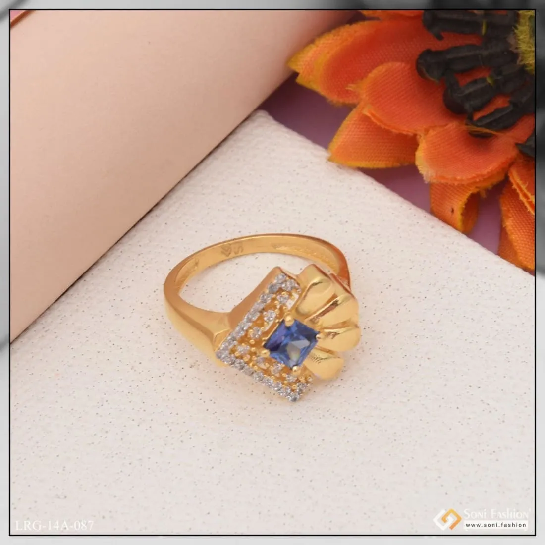 1 Gram Gold Plated Blue Stone With Diamond Designer Ring For Ladies - Style Lrg-087