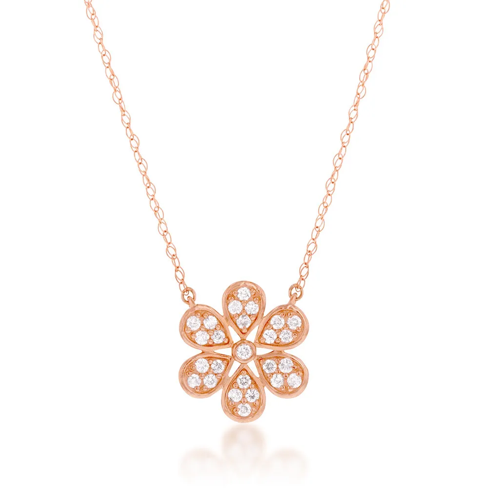 10ct Rose Gold Diamond Flower Pendant With 25 Brilliant Diamonds On 46cm Chain