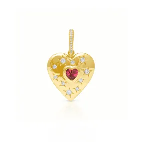 14KT Yellow Gold Pink Tourmaline Diamond Valentina Heart Charm Pendant with Diamond Clip on Bail