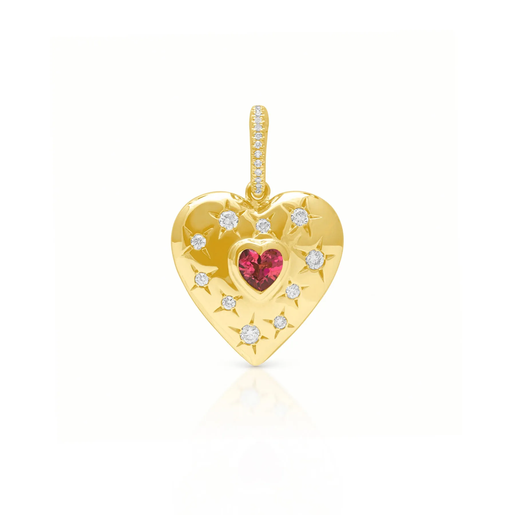 14KT Yellow Gold Pink Tourmaline Diamond Valentina Heart Charm Pendant with Diamond Clip on Bail