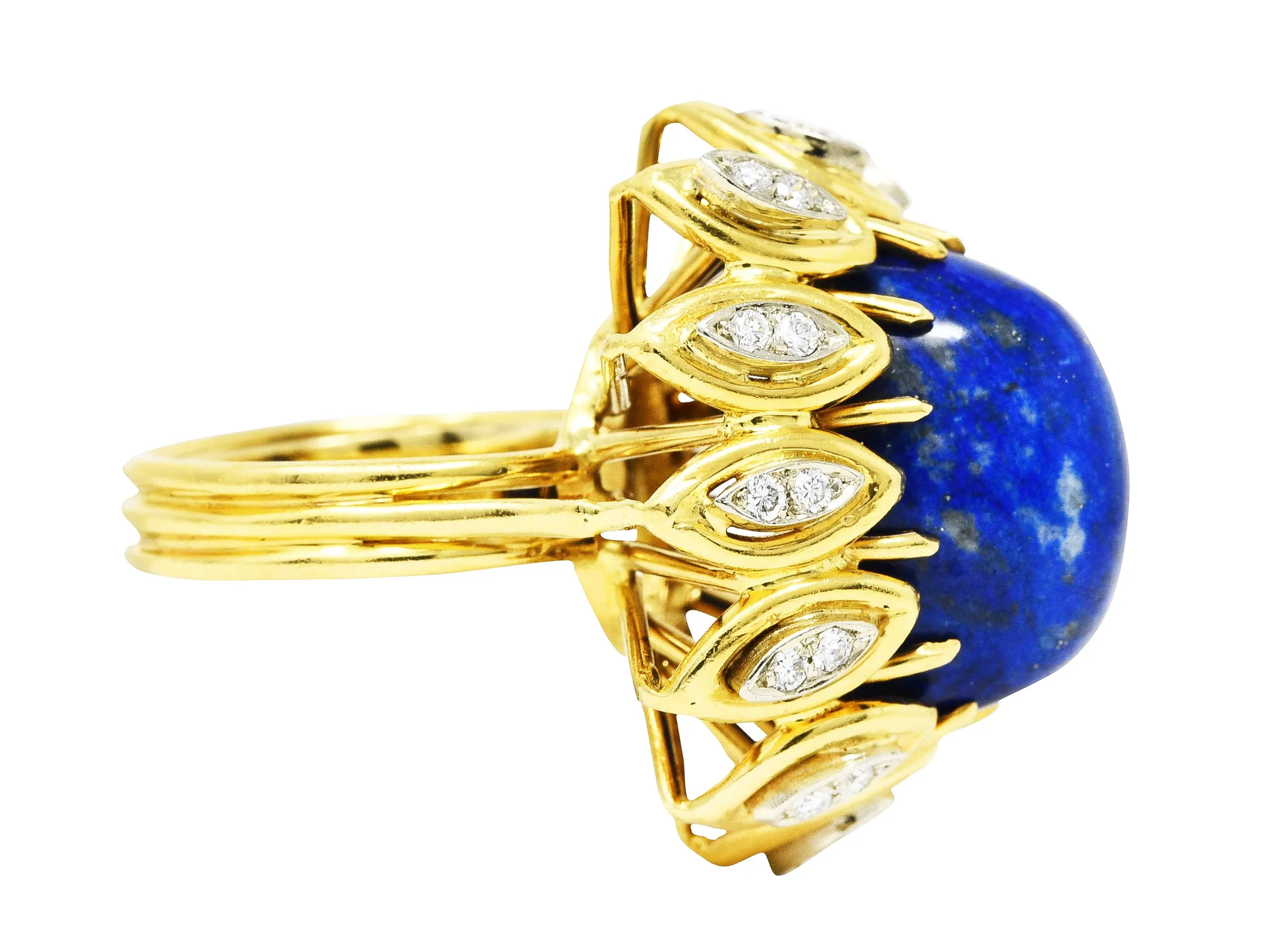 1960's Lapis Diamond 18 Karat Yellow Gold Sculptural Vintage Cocktail Ring