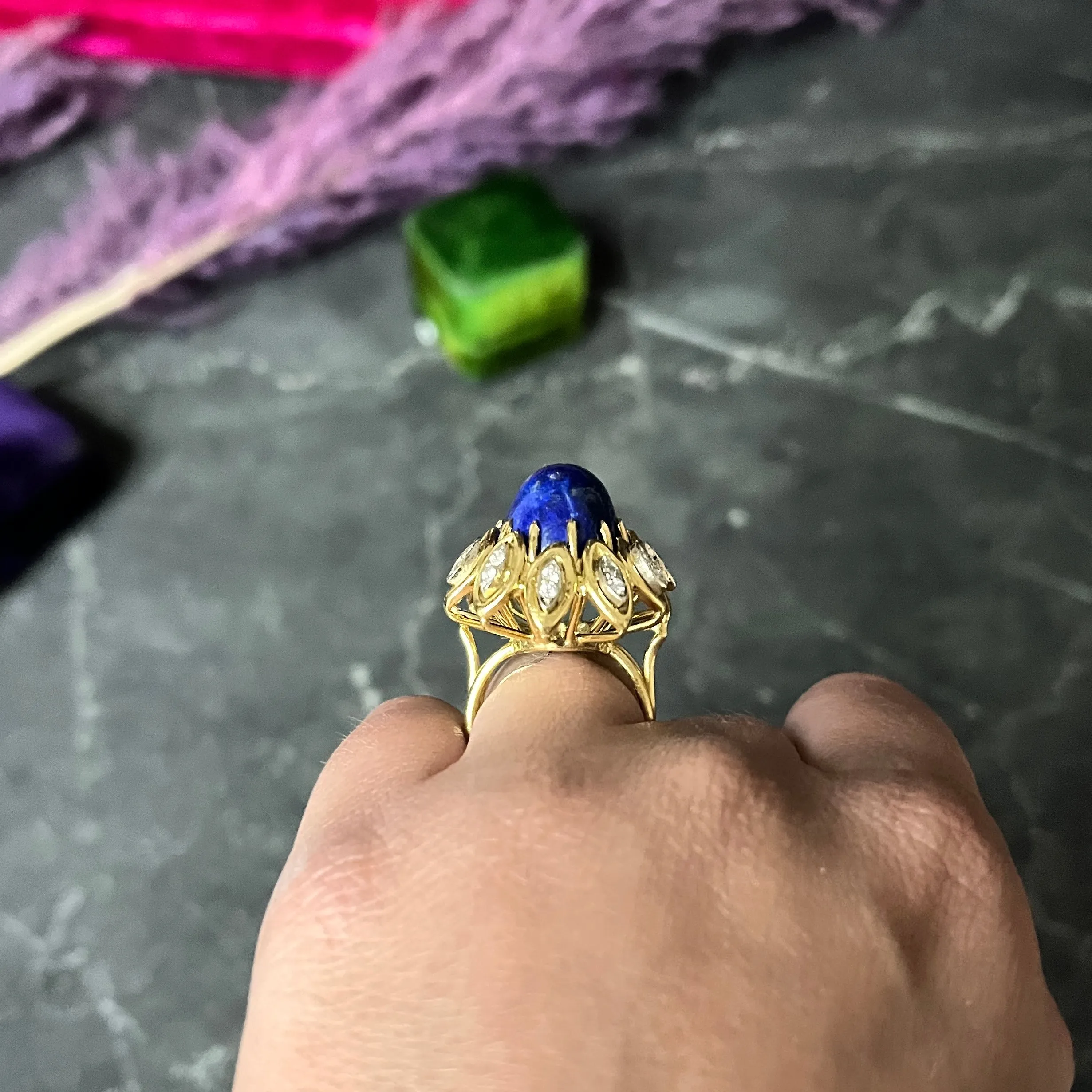 1960's Lapis Diamond 18 Karat Yellow Gold Sculptural Vintage Cocktail Ring