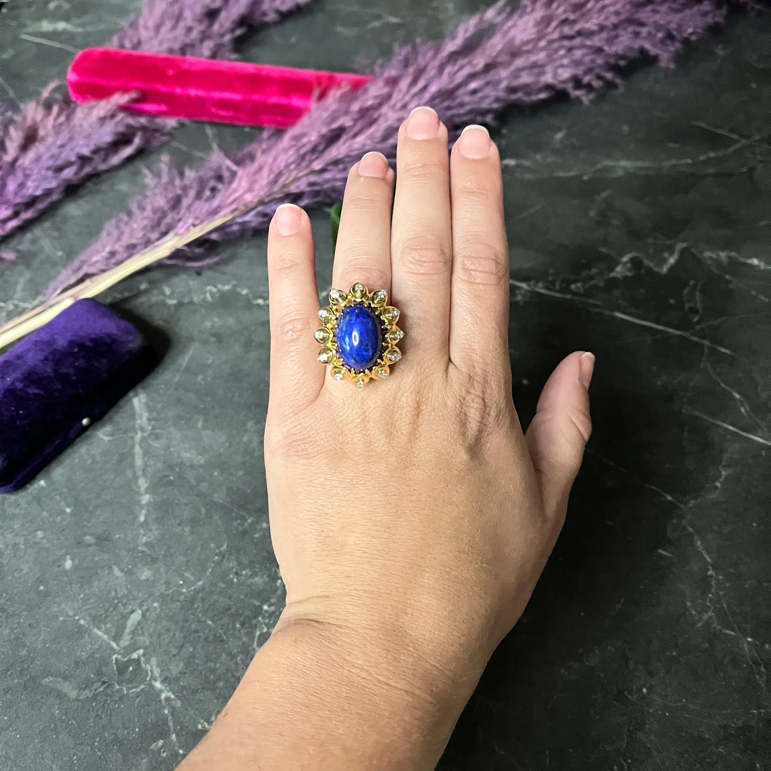 1960's Lapis Diamond 18 Karat Yellow Gold Sculptural Vintage Cocktail Ring