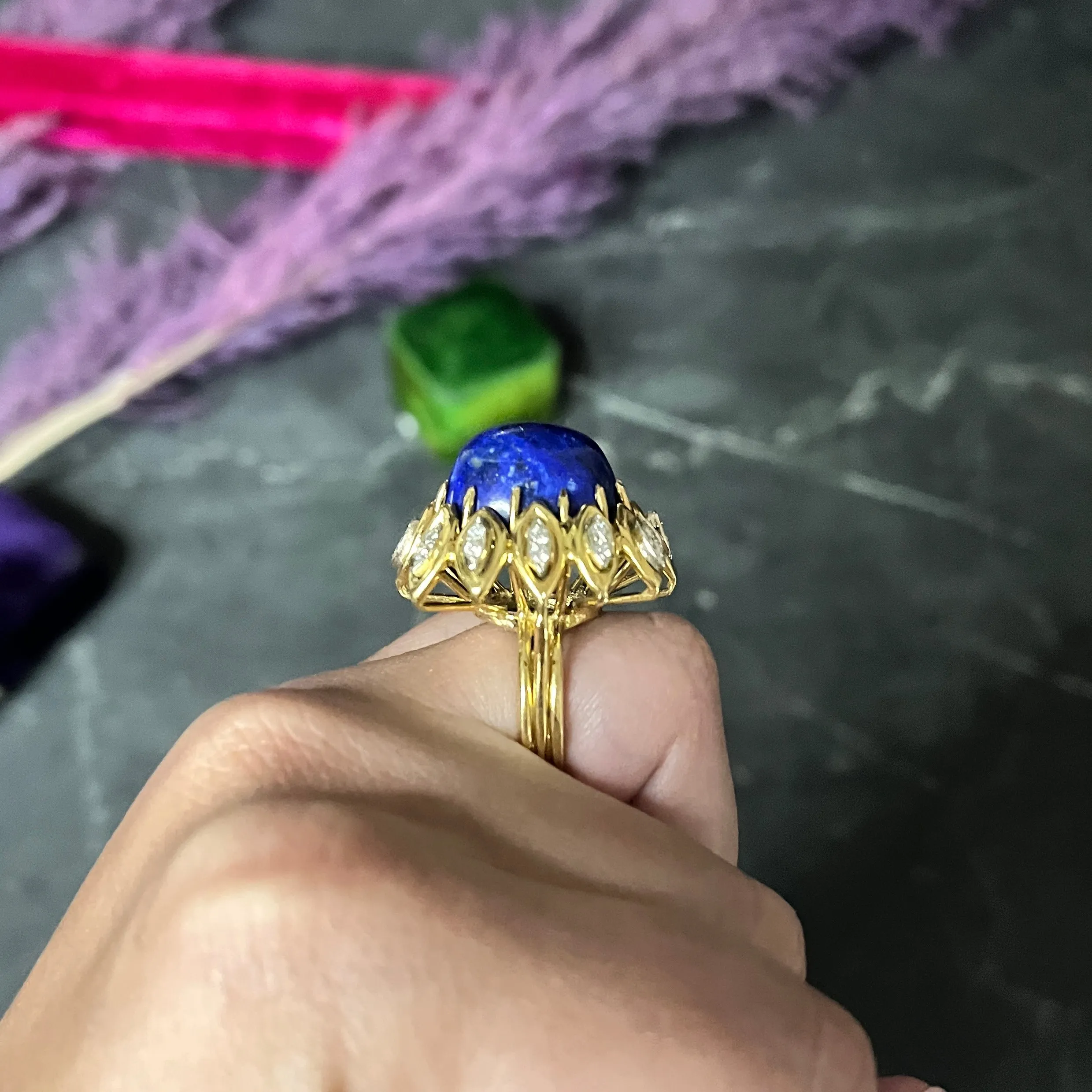 1960's Lapis Diamond 18 Karat Yellow Gold Sculptural Vintage Cocktail Ring