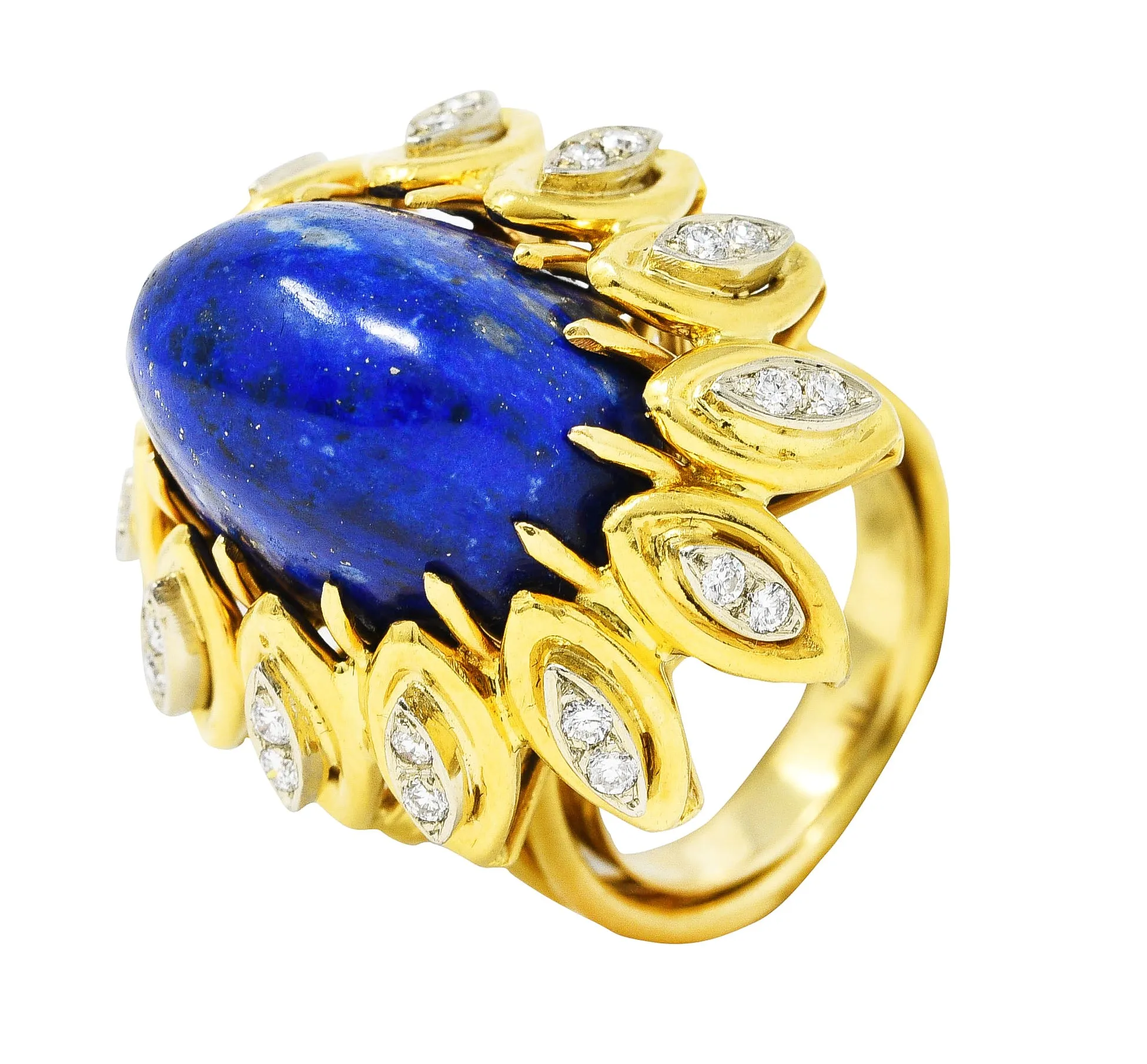 1960's Lapis Diamond 18 Karat Yellow Gold Sculptural Vintage Cocktail Ring