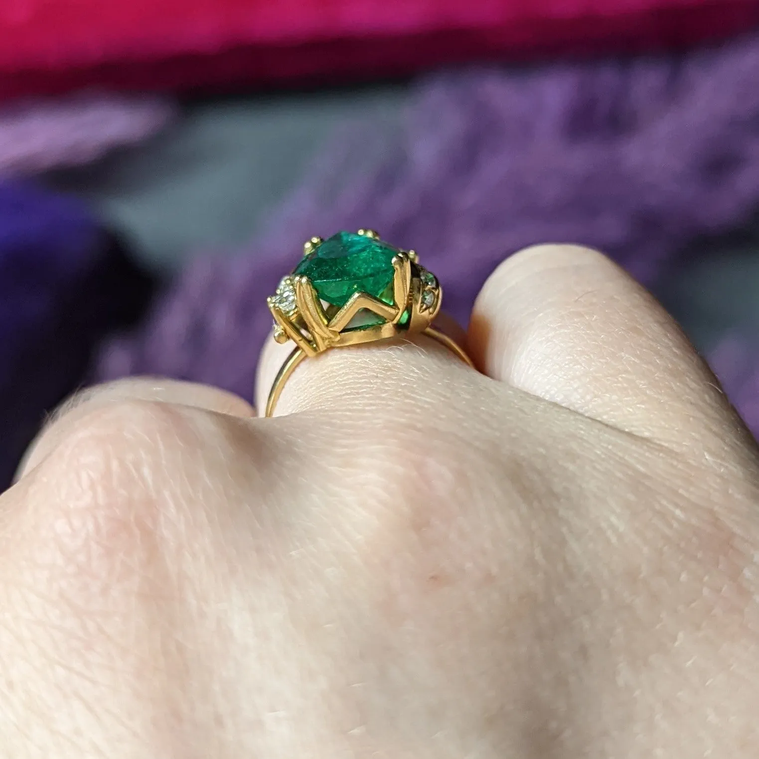 1960's Vintage 3.06 CTW Brazilian Emerald Diamond 18 Karat Yellow Gold Gemstone Ring GIA