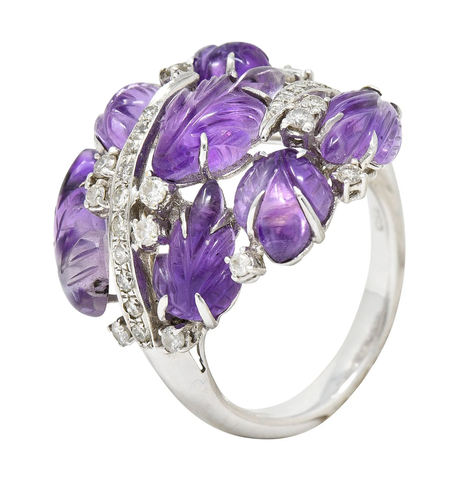 1960's Vintage Amethyst Diamond 18 Karat White Gold Carved Foliate Ring