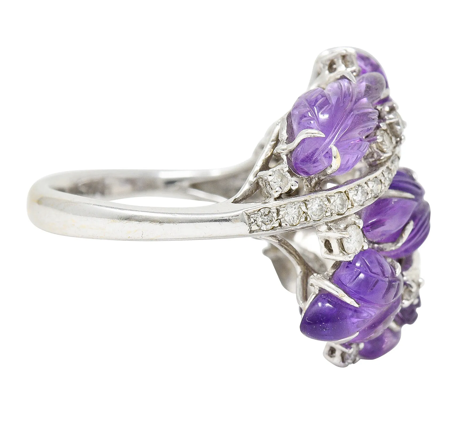 1960's Vintage Amethyst Diamond 18 Karat White Gold Carved Foliate Ring