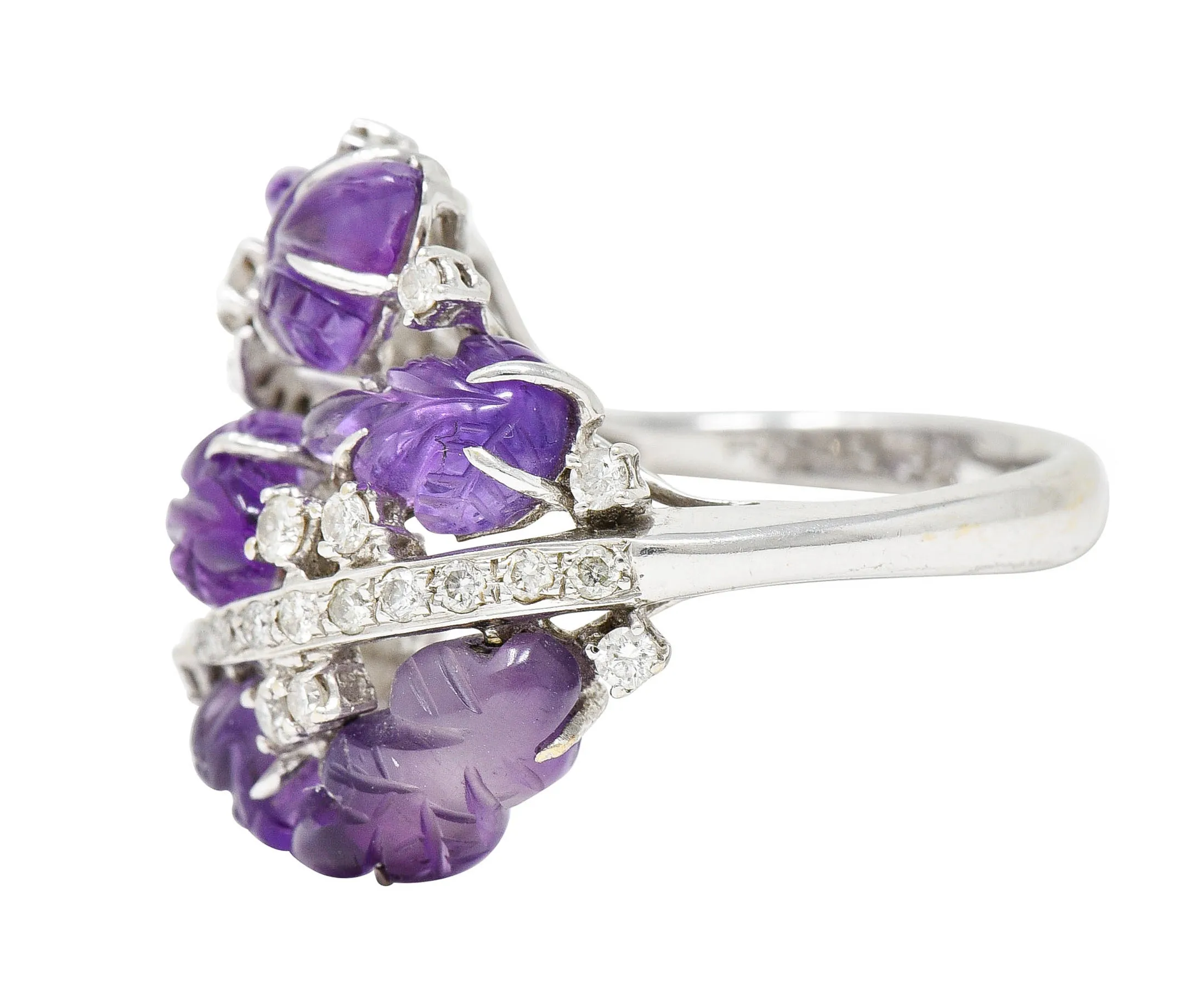 1960's Vintage Amethyst Diamond 18 Karat White Gold Carved Foliate Ring