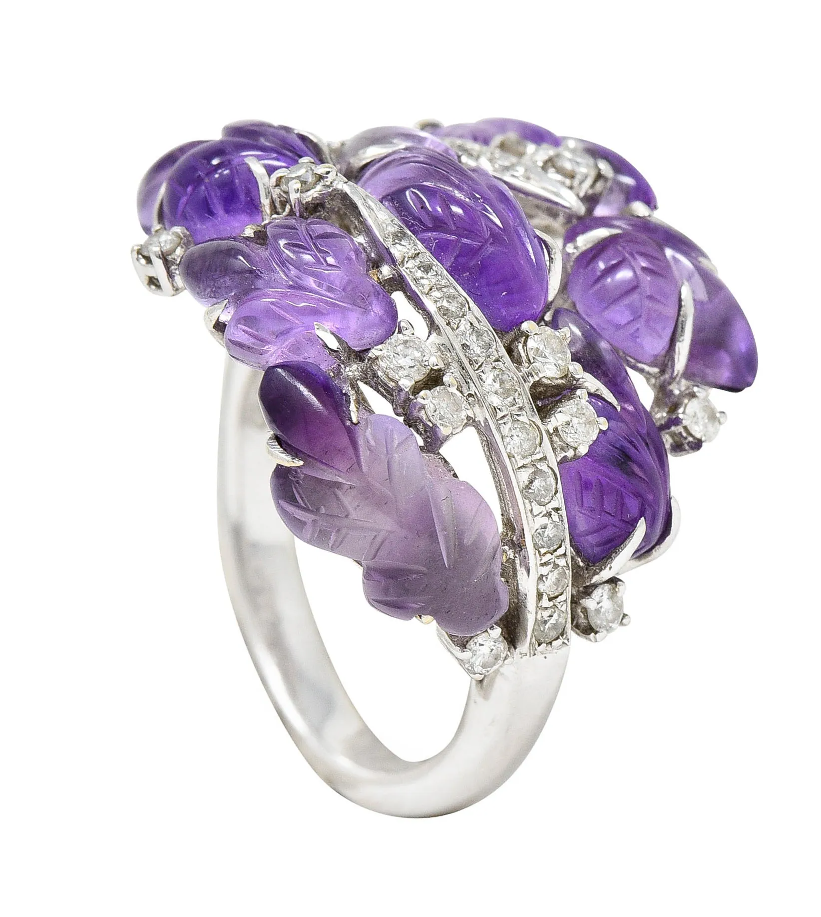 1960's Vintage Amethyst Diamond 18 Karat White Gold Carved Foliate Ring