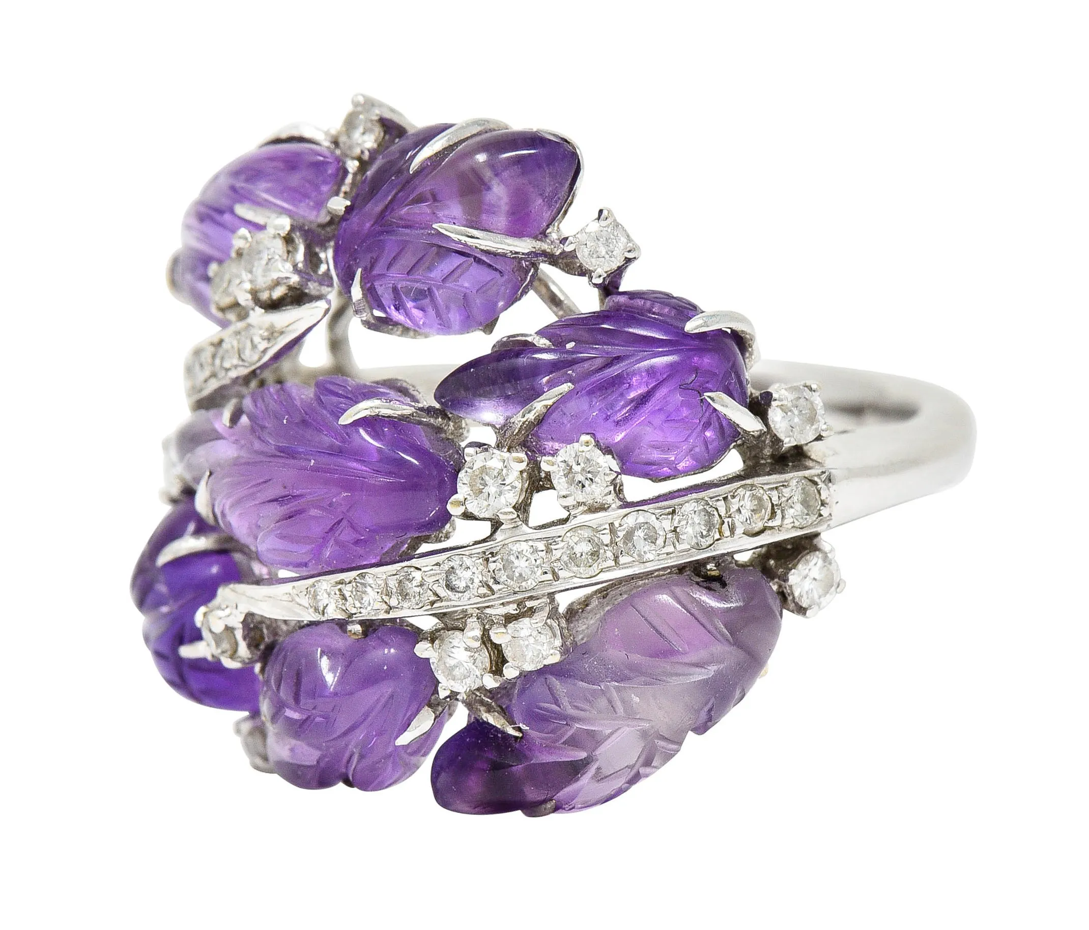 1960's Vintage Amethyst Diamond 18 Karat White Gold Carved Foliate Ring