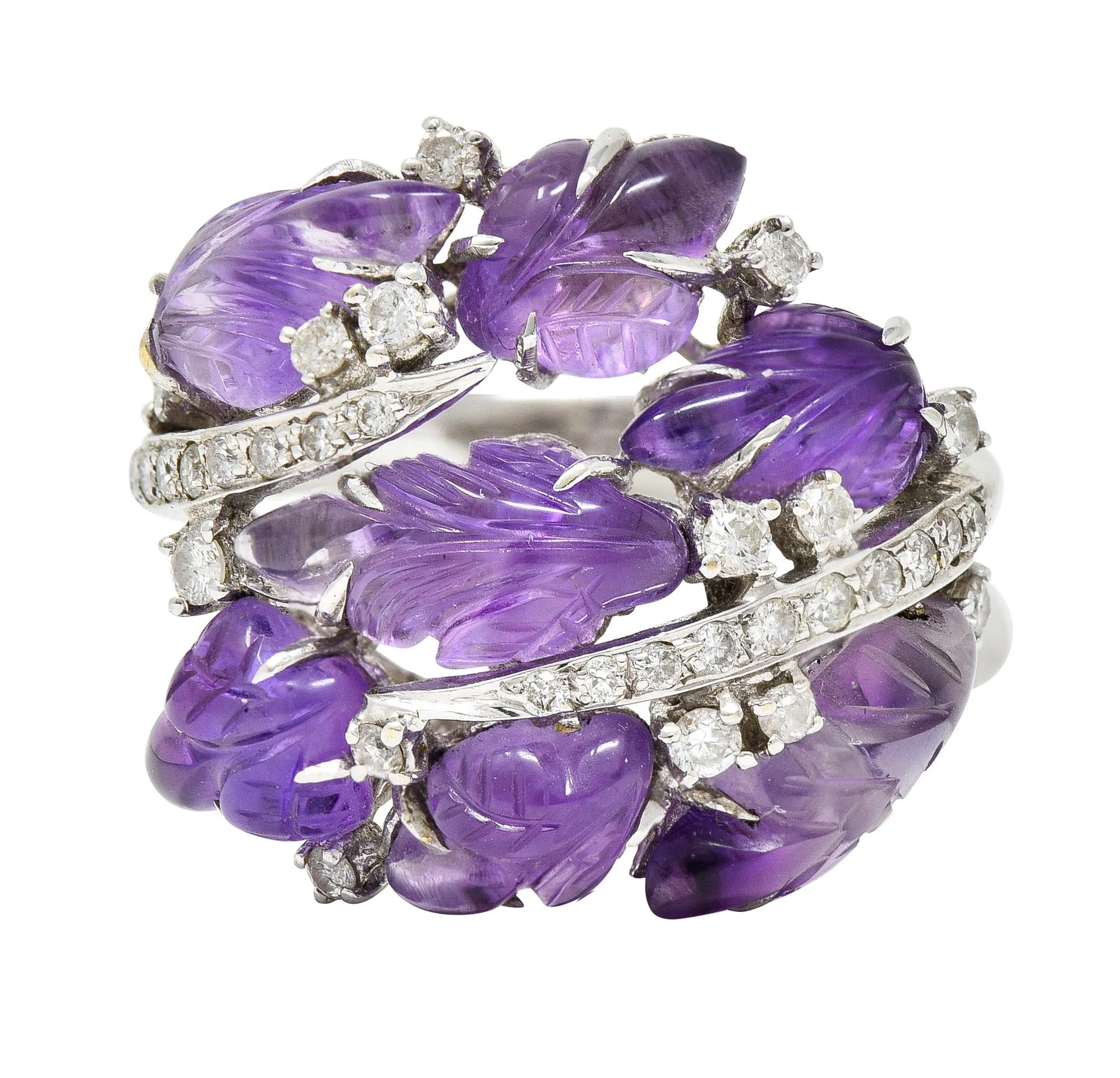 1960's Vintage Amethyst Diamond 18 Karat White Gold Carved Foliate Ring