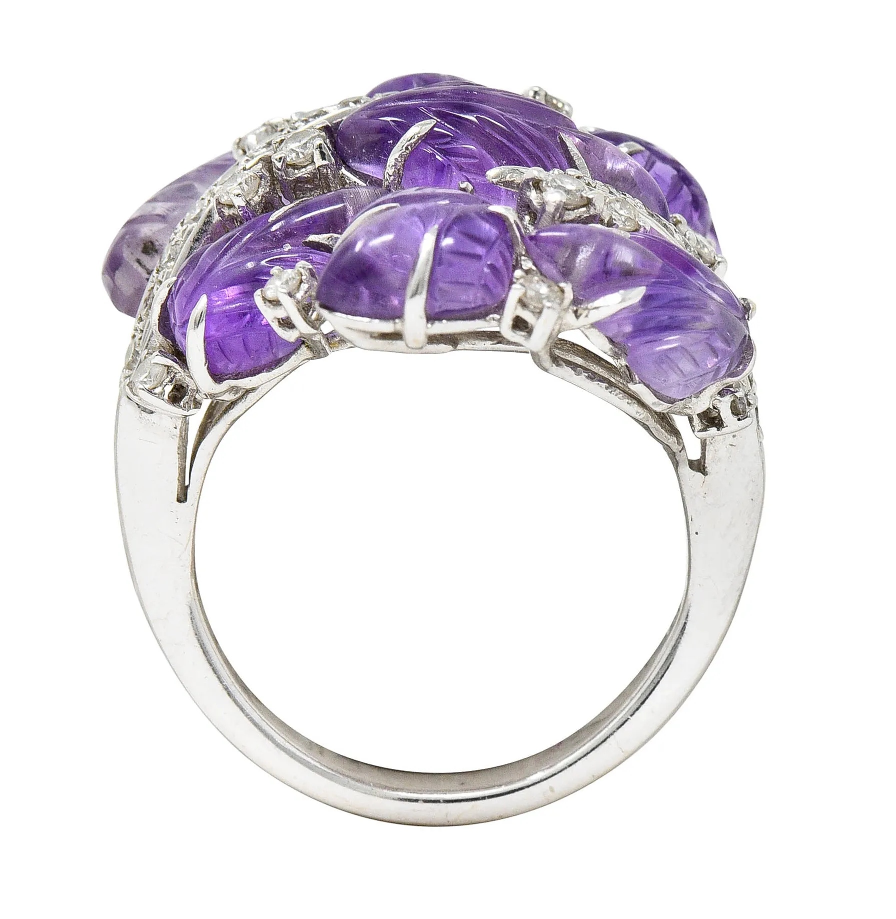 1960's Vintage Amethyst Diamond 18 Karat White Gold Carved Foliate Ring