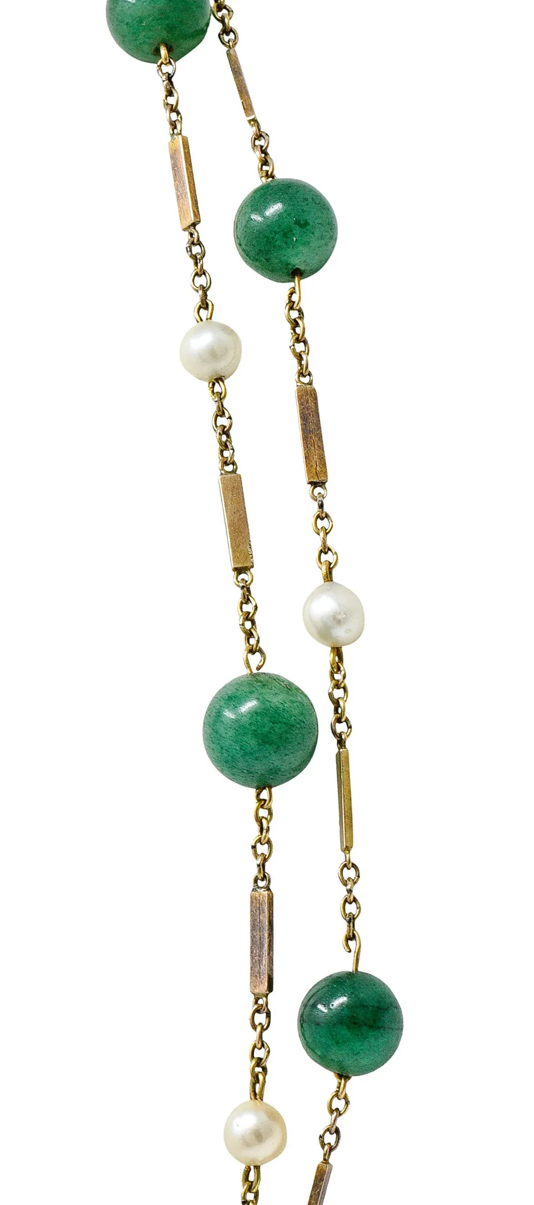 1960's Vintage Pearl Aventurine 14 Karat Gold 62 Inch Long Station Necklace