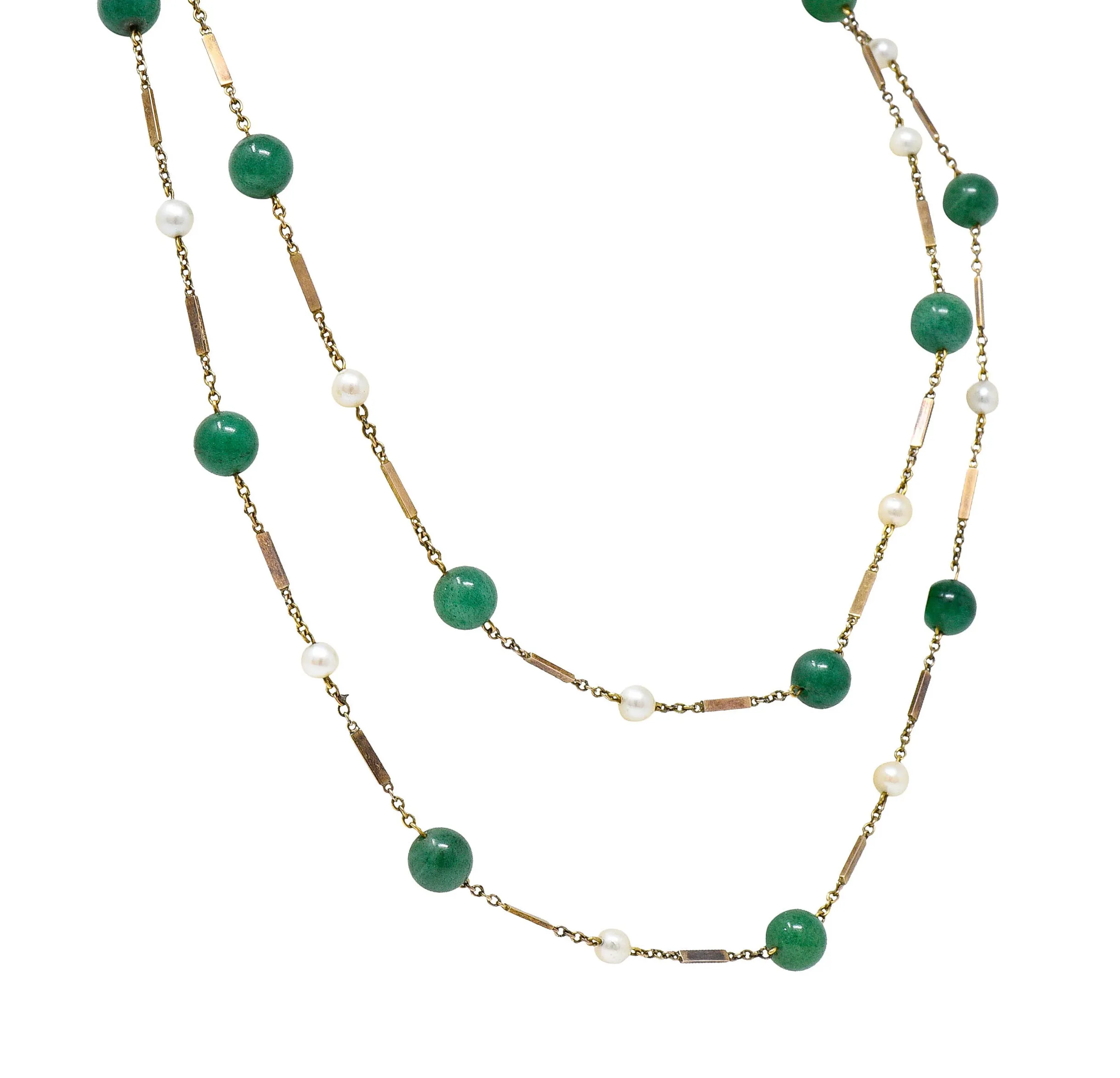 1960's Vintage Pearl Aventurine 14 Karat Gold 62 Inch Long Station Necklace