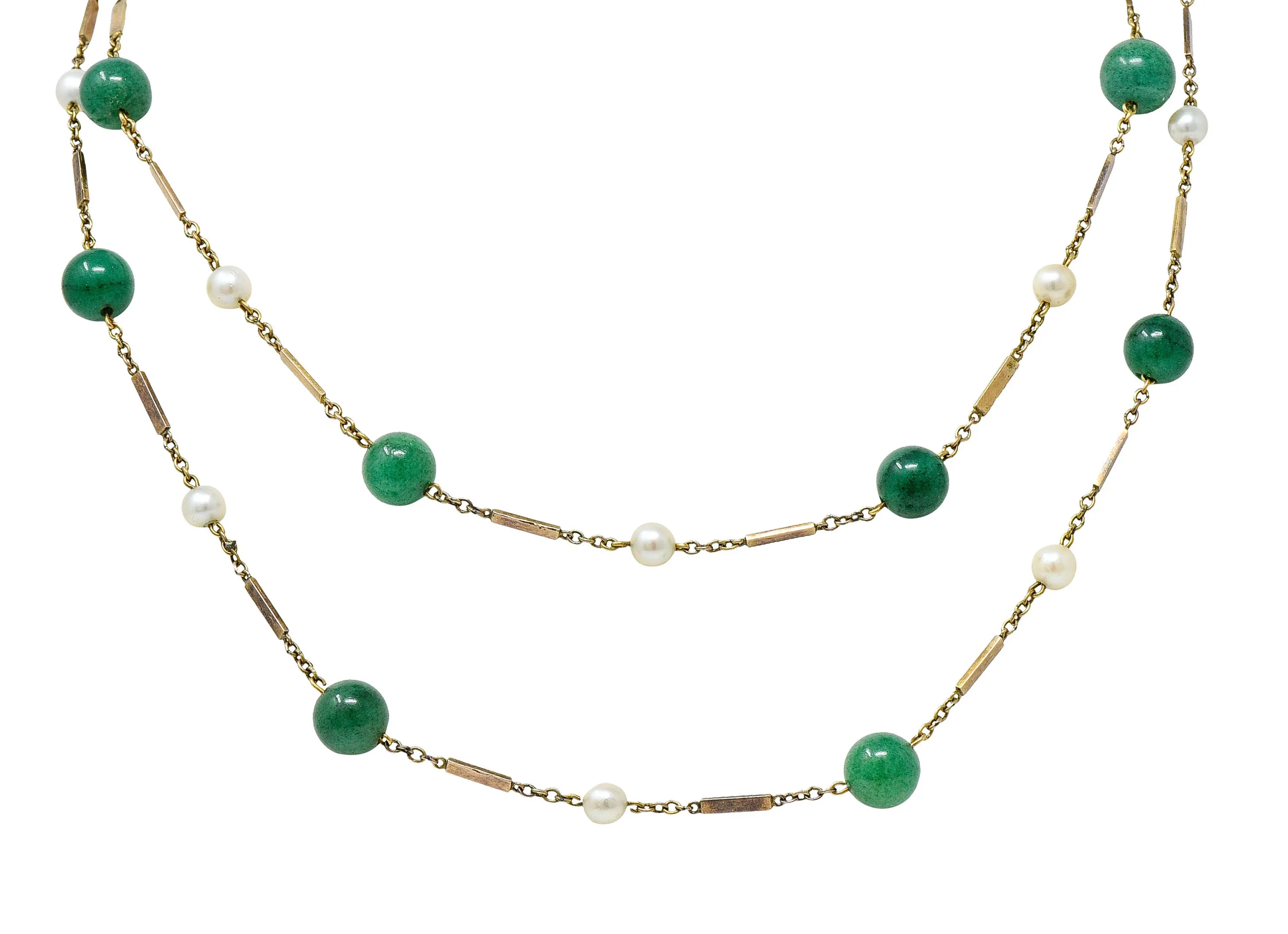 1960's Vintage Pearl Aventurine 14 Karat Gold 62 Inch Long Station Necklace