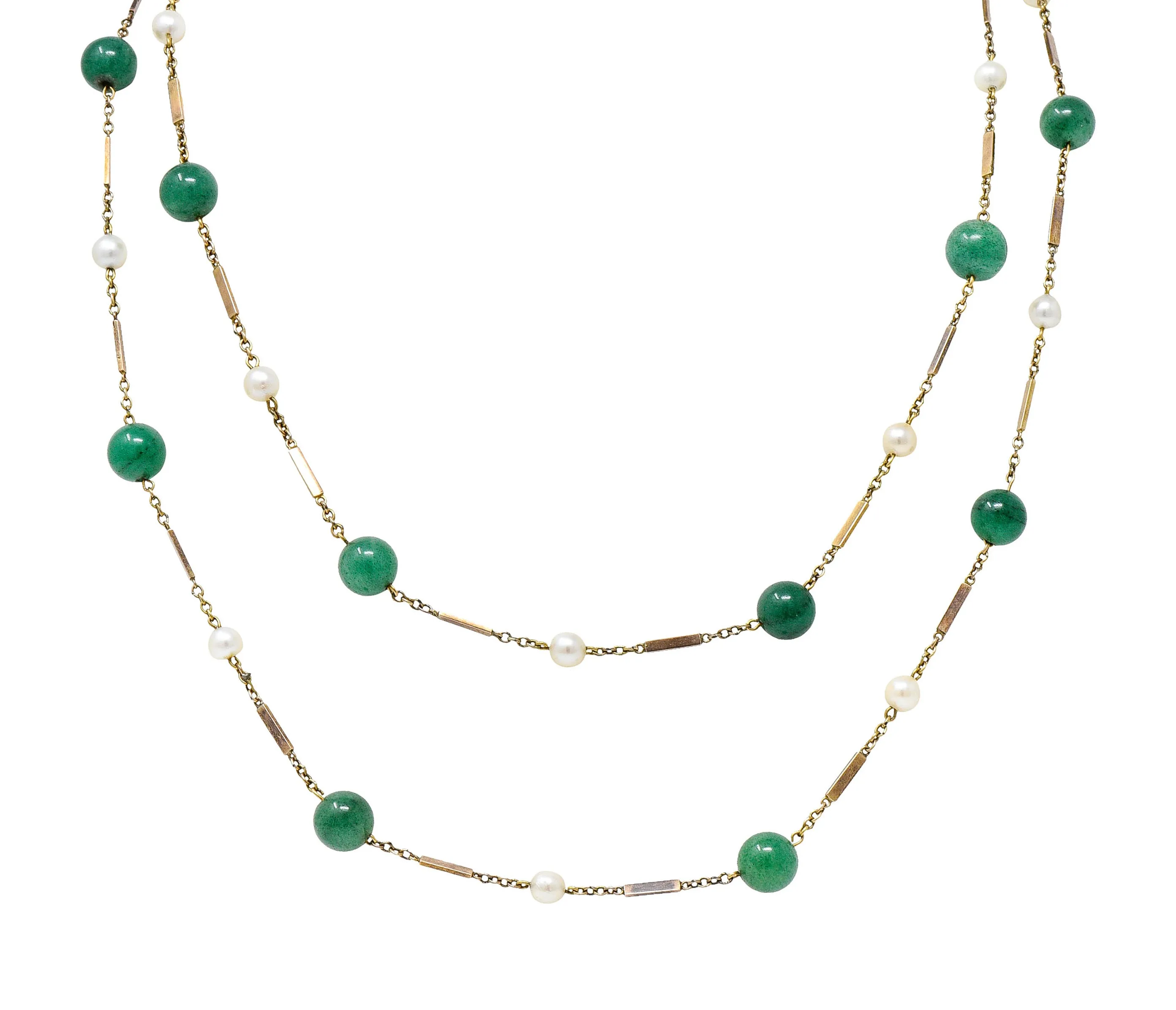 1960's Vintage Pearl Aventurine 14 Karat Gold 62 Inch Long Station Necklace