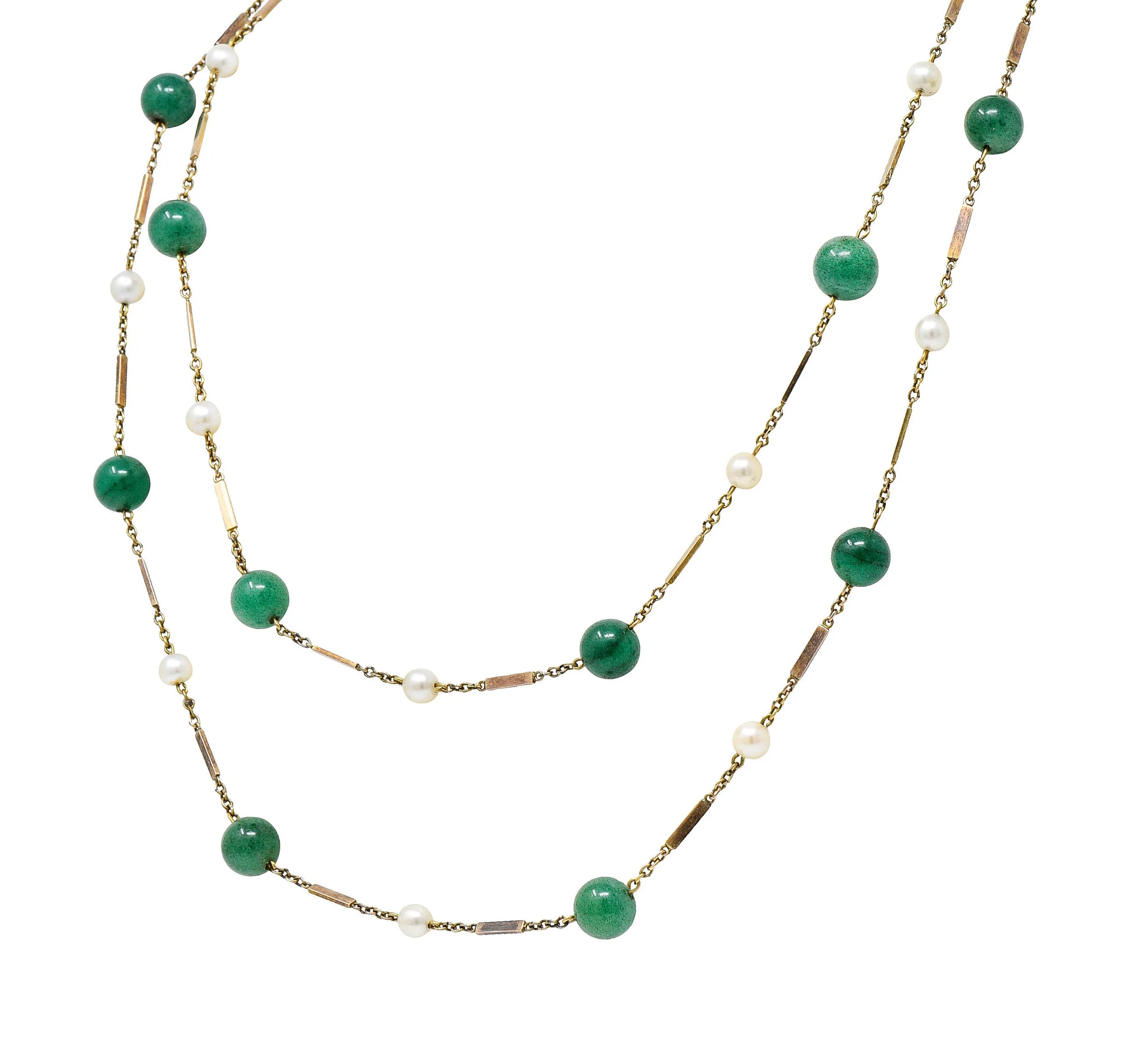 1960's Vintage Pearl Aventurine 14 Karat Gold 62 Inch Long Station Necklace