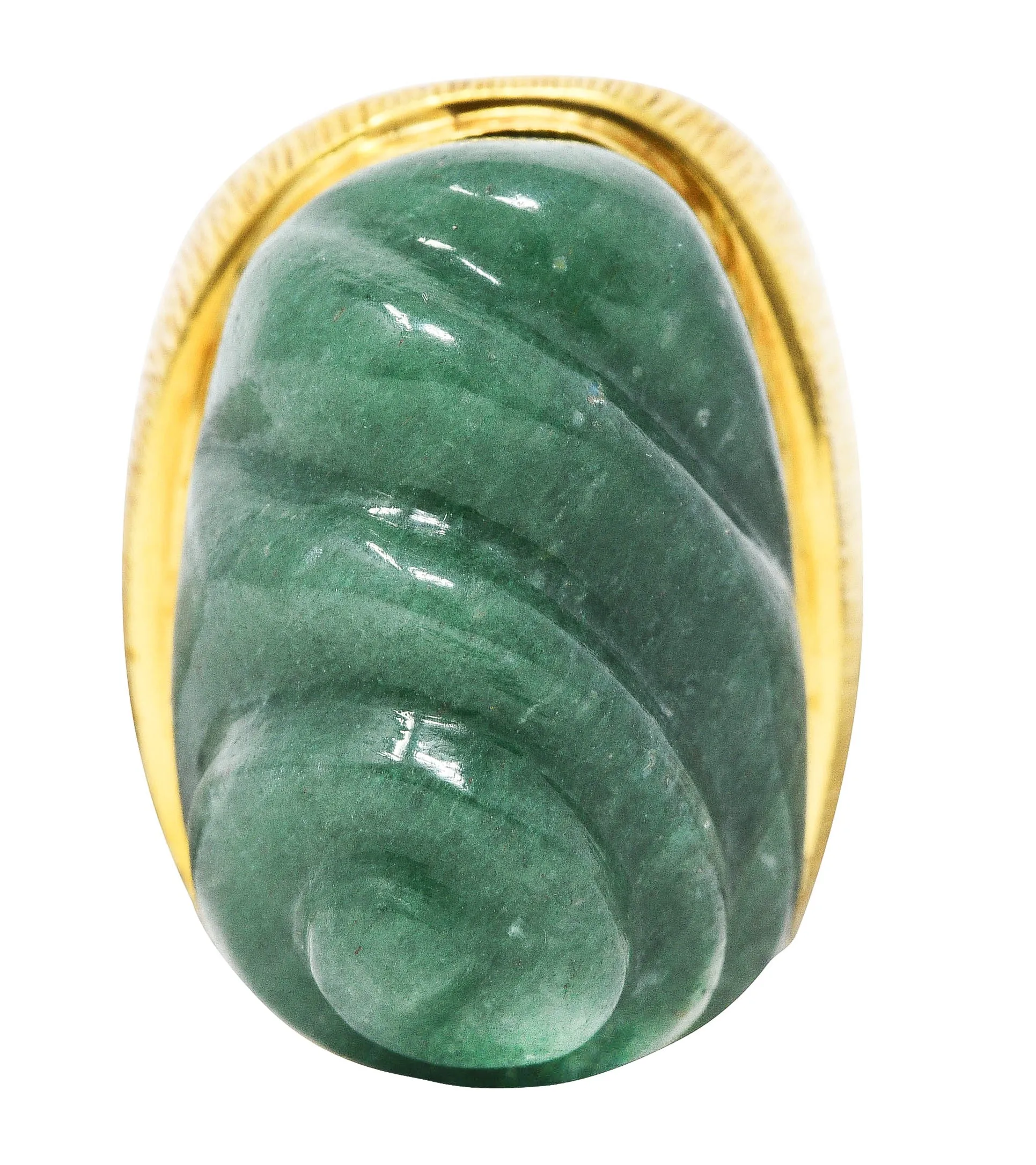 1970's Vintage Carved Aventurine 18 Karat Yellow Gold Statement Ring