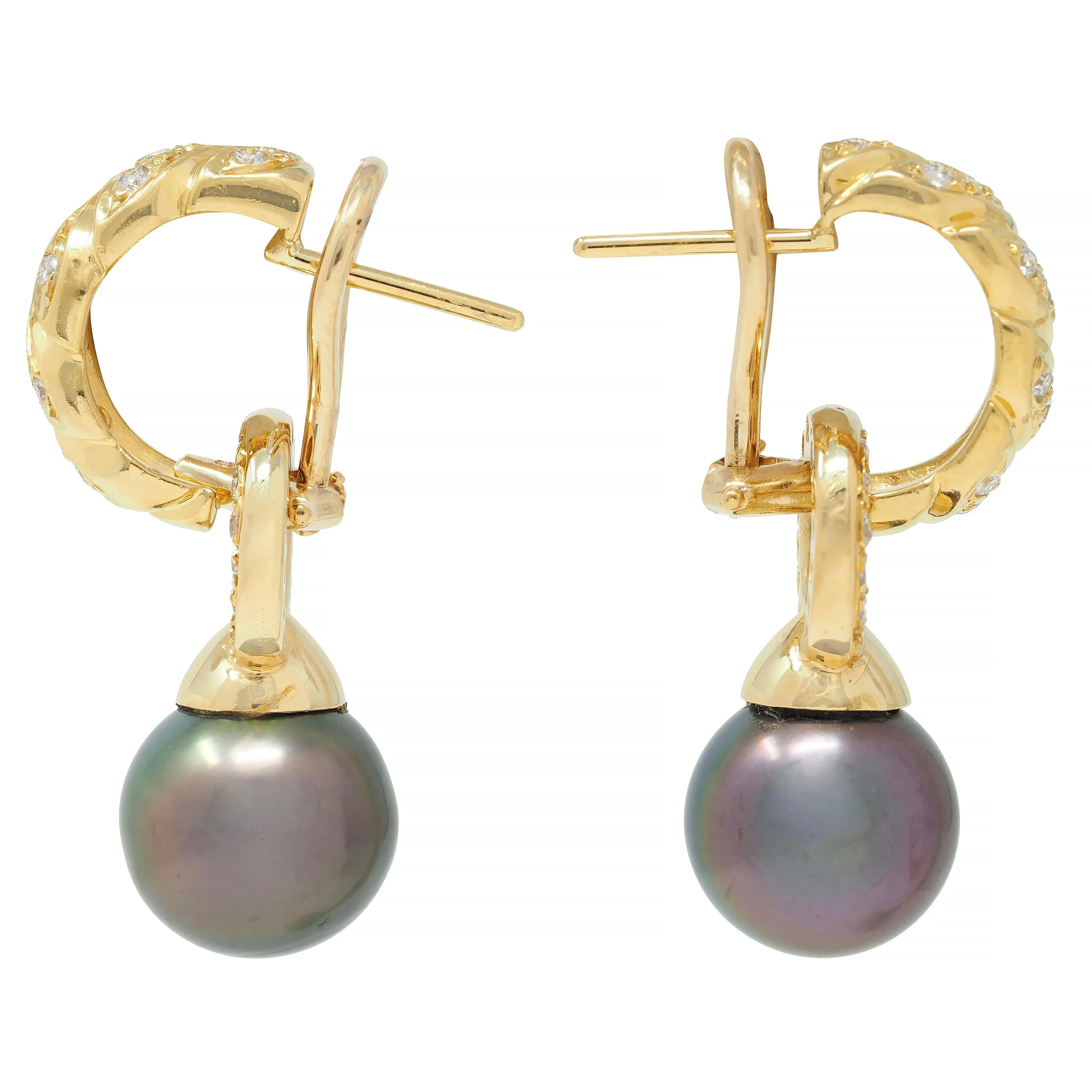 1980s 0.76 CTW Diamond Tahitian Pearl 18 Karat Yellow Gold Vintage Drop Earrings