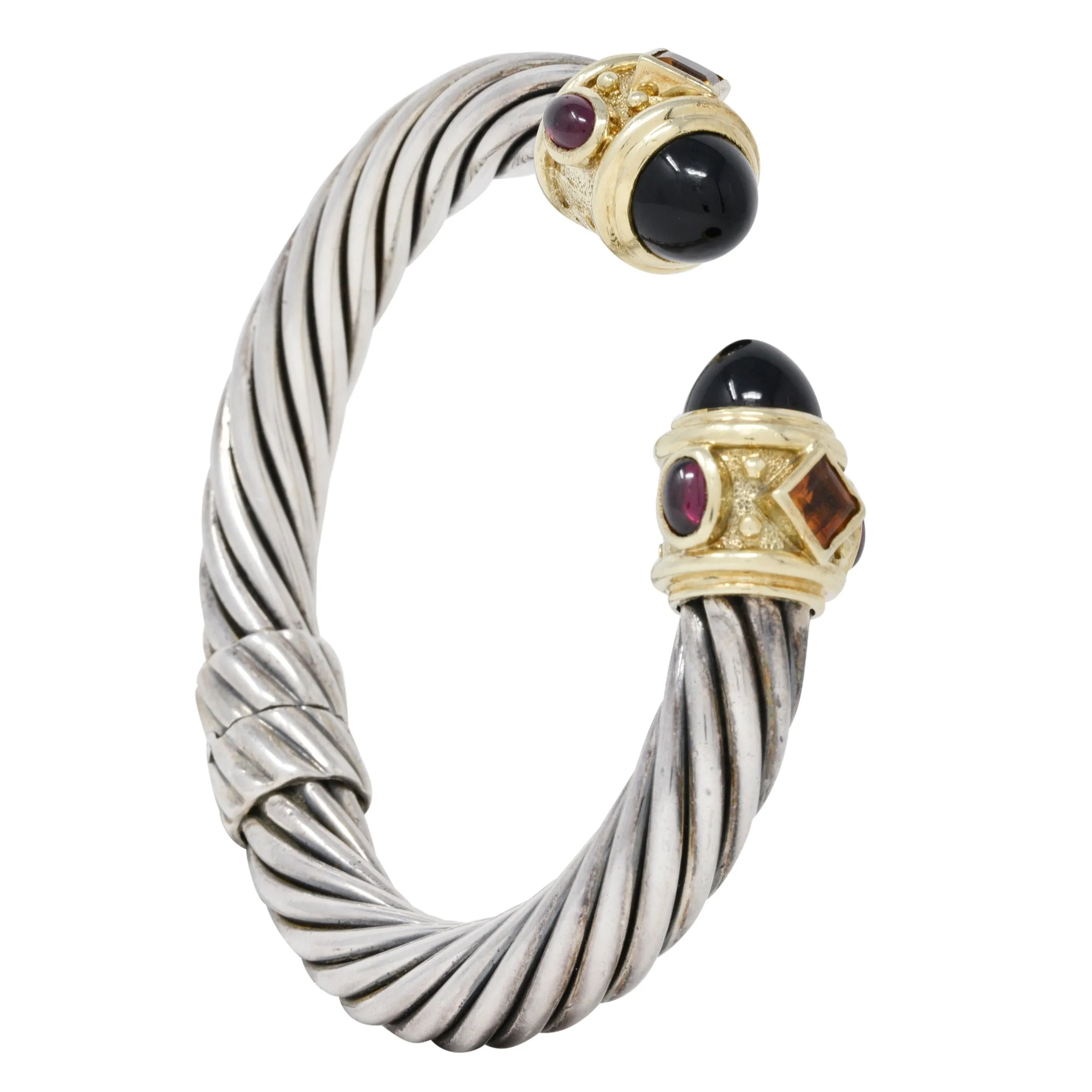 1990's David Yurman Amethyst Tourmaline Citrine 14 Karat Yellow Gold Sterling Silver Vintage Renaissance Cuff Bracelet