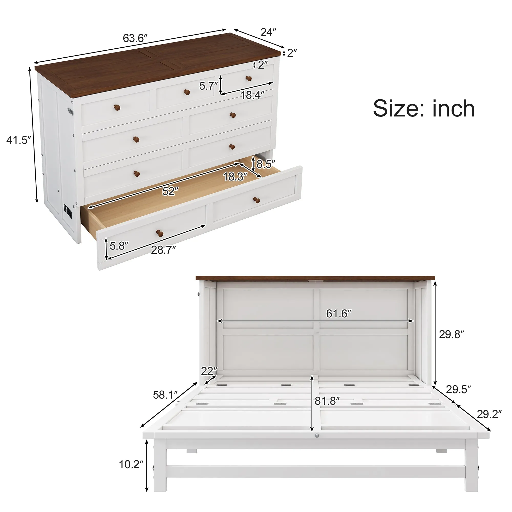 2 Pieces Wooden Bedroom Set Queen Murphy Bed and Nightstand, White Walnut