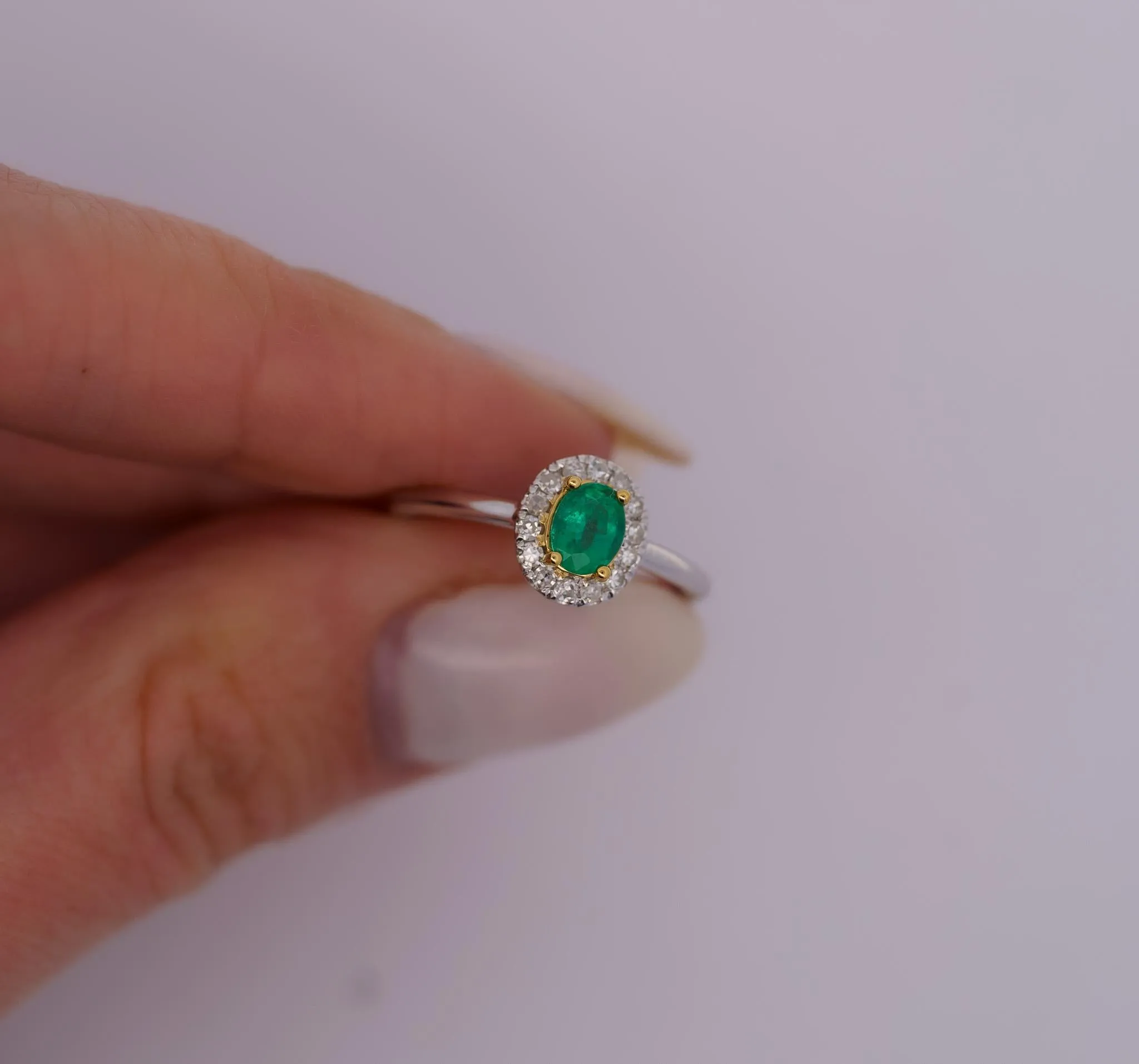 2/3 Carat Natural Emerald & Diamond Oval Halo Thin Band Ring in 18K White Gold