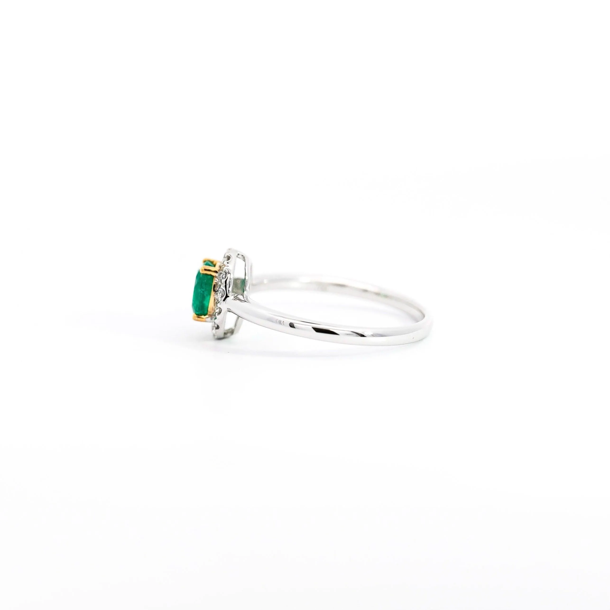 2/3 Carat Natural Emerald & Diamond Oval Halo Thin Band Ring in 18K White Gold