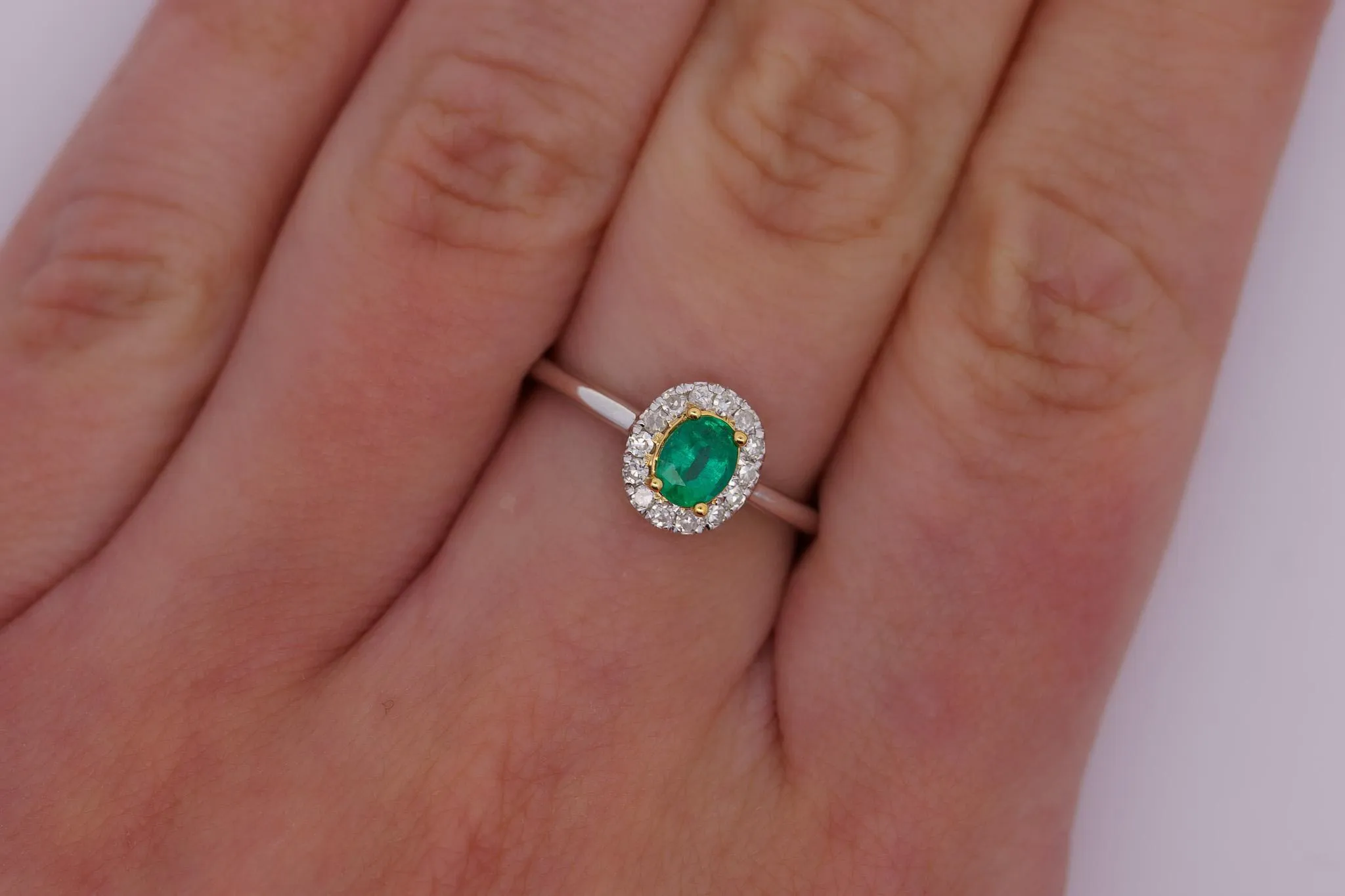 2/3 Carat Natural Emerald & Diamond Oval Halo Thin Band Ring in 18K White Gold