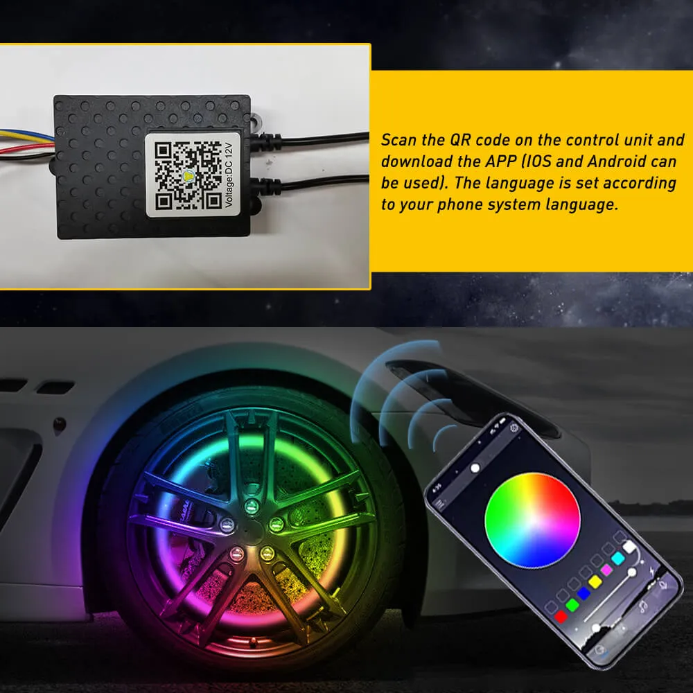 4*15.5 inch LED Wheel Ring Lights RGB Color Brake Chasing Turn Signal for Car Truck Vehicle (with APP Remote Control)