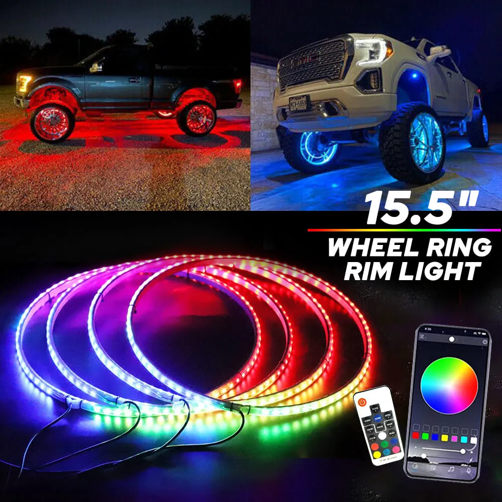 4*15.5 inch LED Wheel Ring Lights RGB Color Brake Chasing Turn Signal for Car Truck Vehicle (with APP Remote Control)