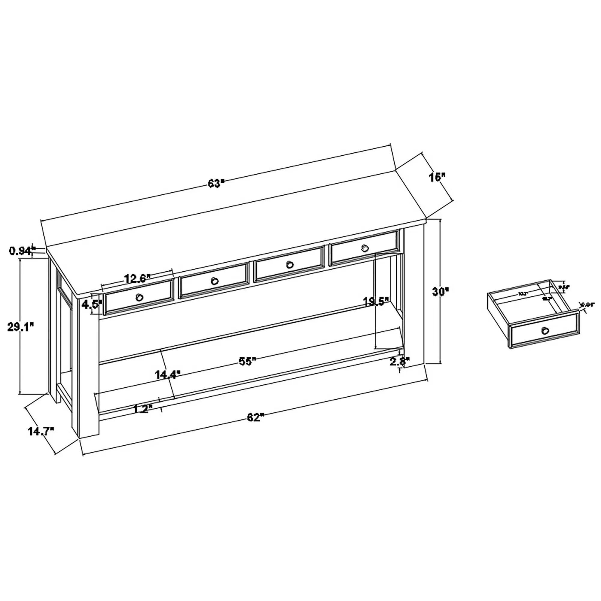 63" Pine Wood Console Table with 4 Drawers and 1 Bottom Shelf for Entryway Hallway Easy Assembly 63 inch Long Sofa Table  (Antique White  Brown Top)