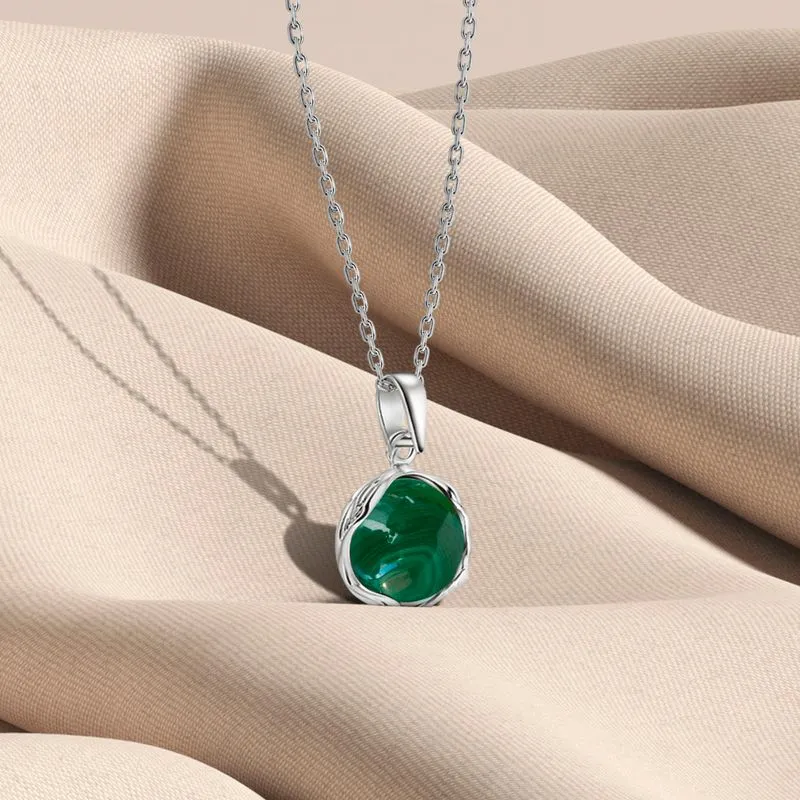 925 Sterling Silver Round Green Malachite 12mm Pendant