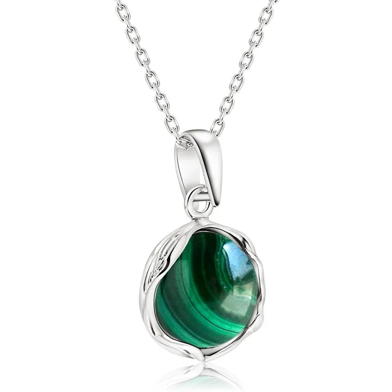 925 Sterling Silver Round Green Malachite 12mm Pendant