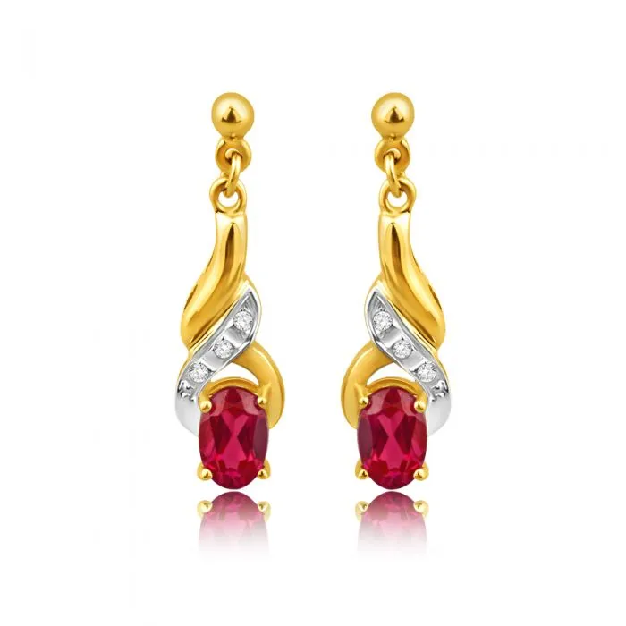 9ct Alluring Yellow Gold Created Ruby   Diamond Drop Earrings