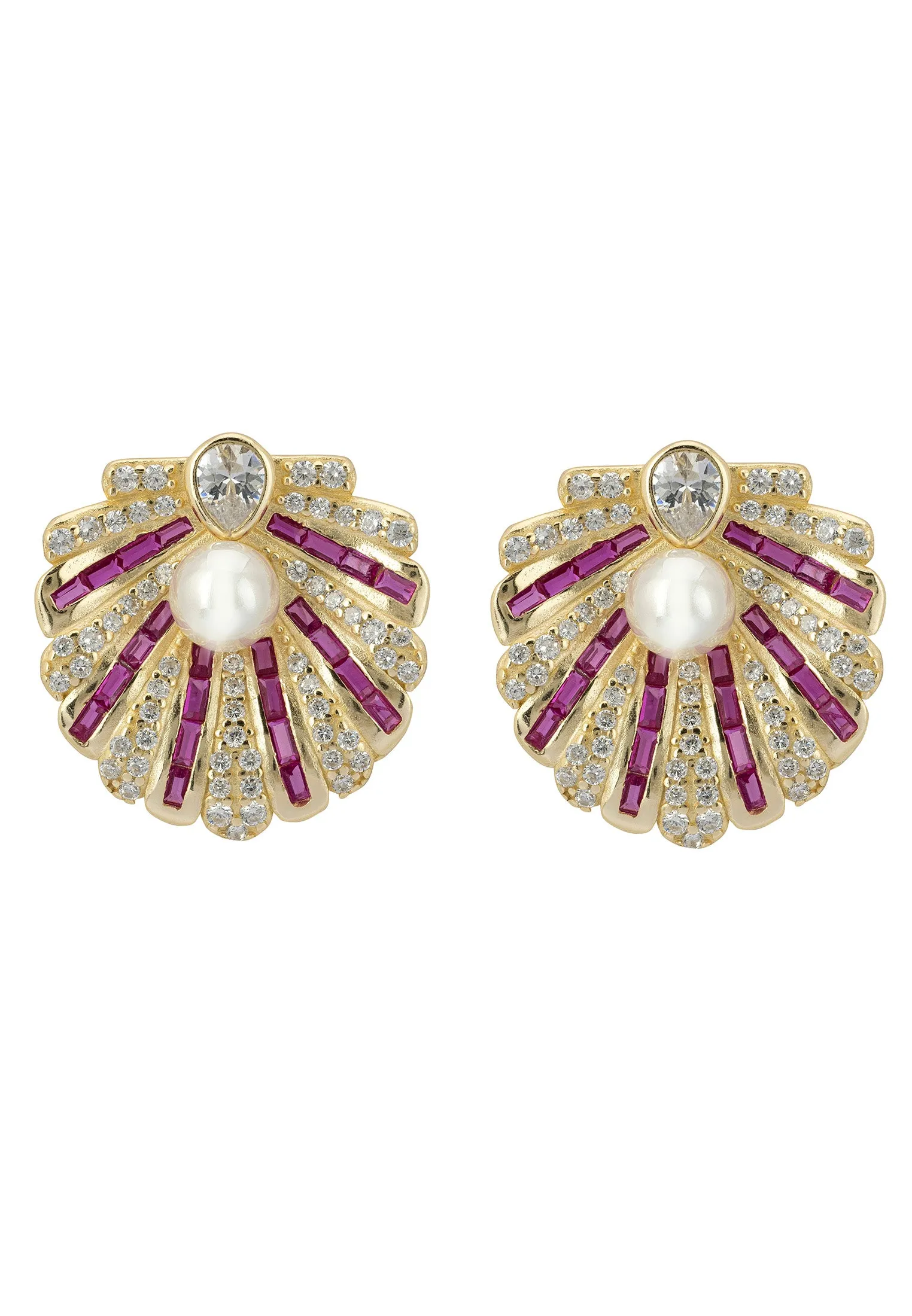 Art Deco Scallop Shell Earrings Ruby Red With Pearl Gold