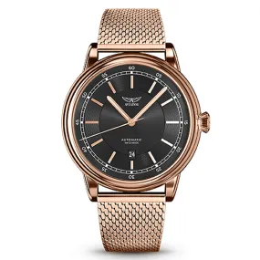 Aviator Rose Gold Mesh Black Dial Men's Automatic Swiss Made Watch - V33222425