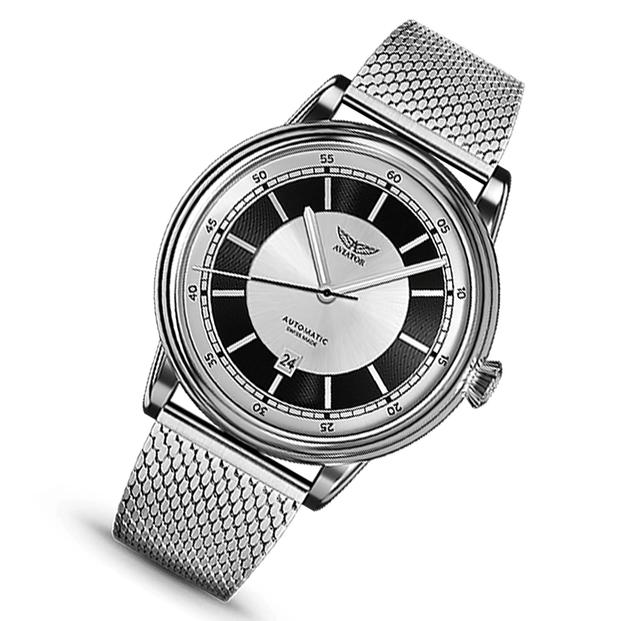 Aviator Steel Mesh Silver Dial Men's Automatic Swiss Made Watch - V33202475