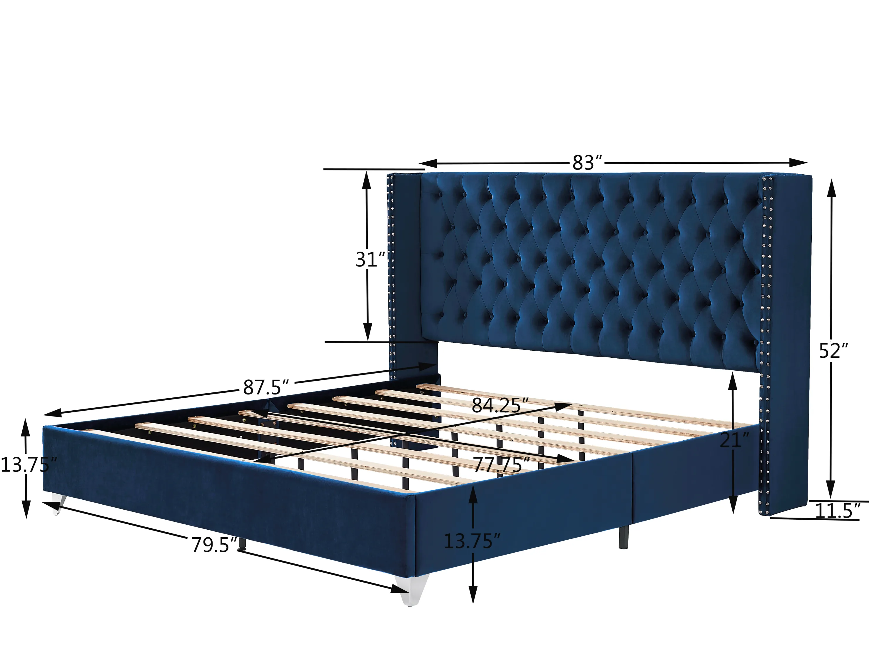 B100S King bed with one nightstand, Button designed Headboard,strong wooden slats   metal legs with Electroplate