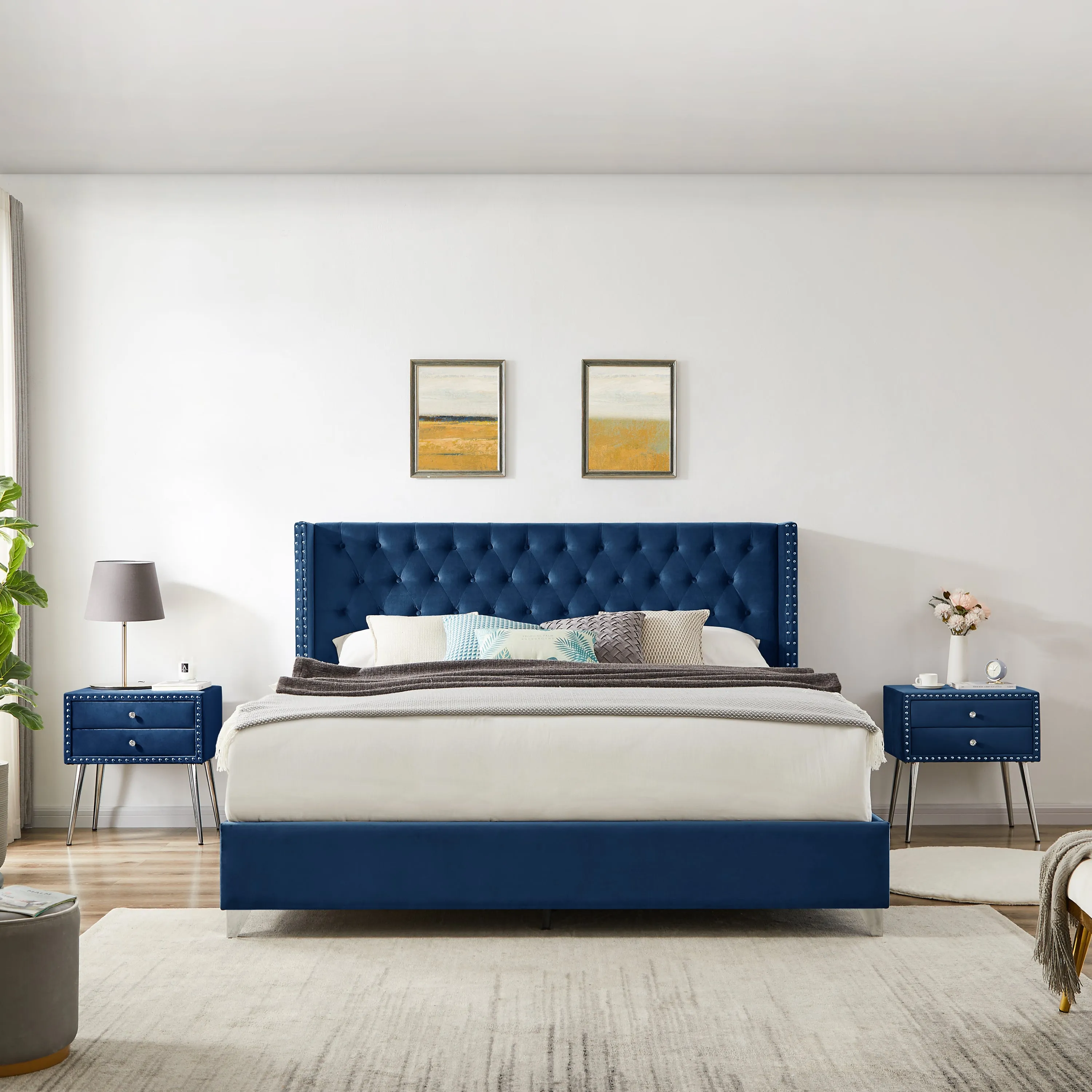 B100S King bed with one nightstand, Button designed Headboard,strong wooden slats   metal legs with Electroplate