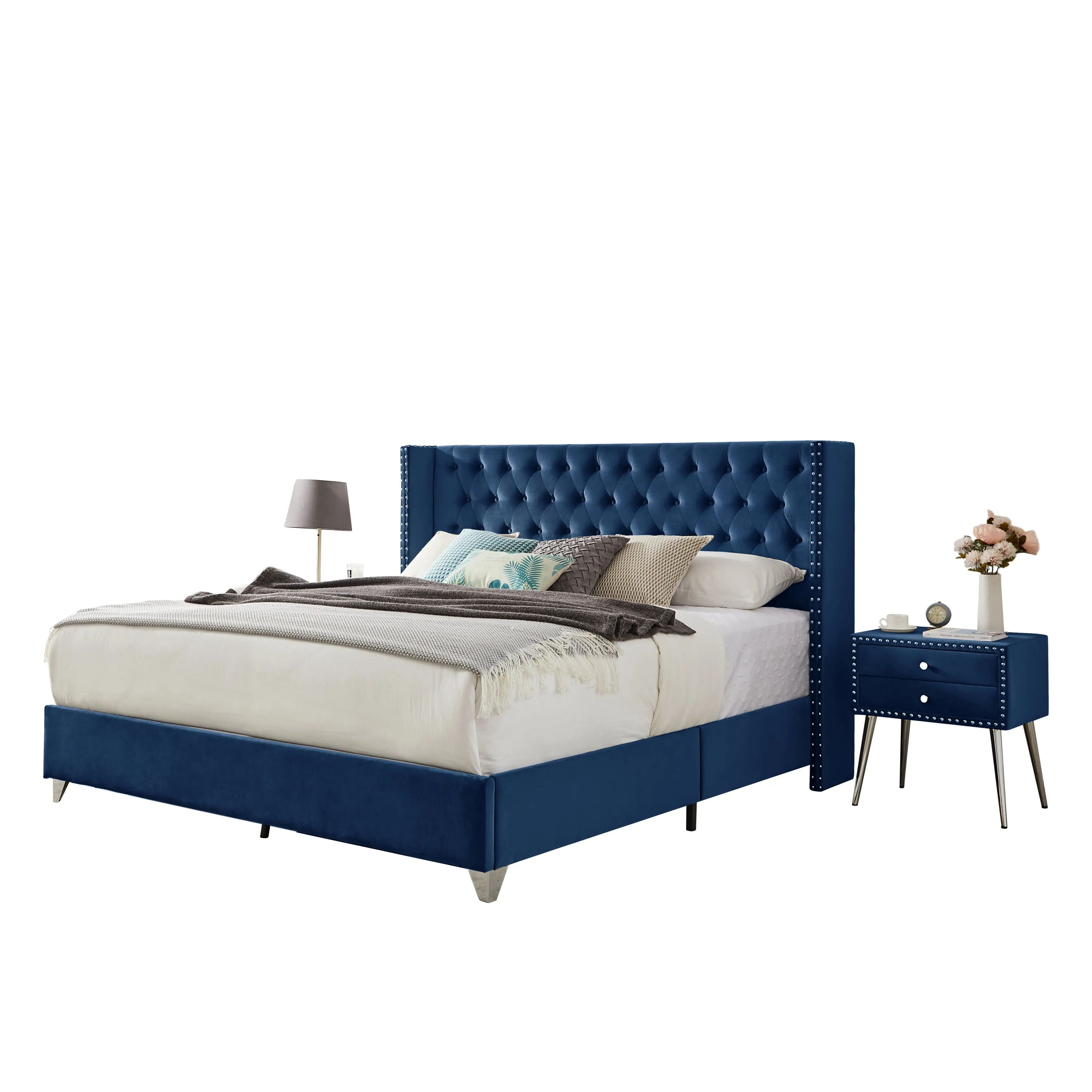 B100S King bed with one nightstand, Button designed Headboard,strong wooden slats   metal legs with Electroplate