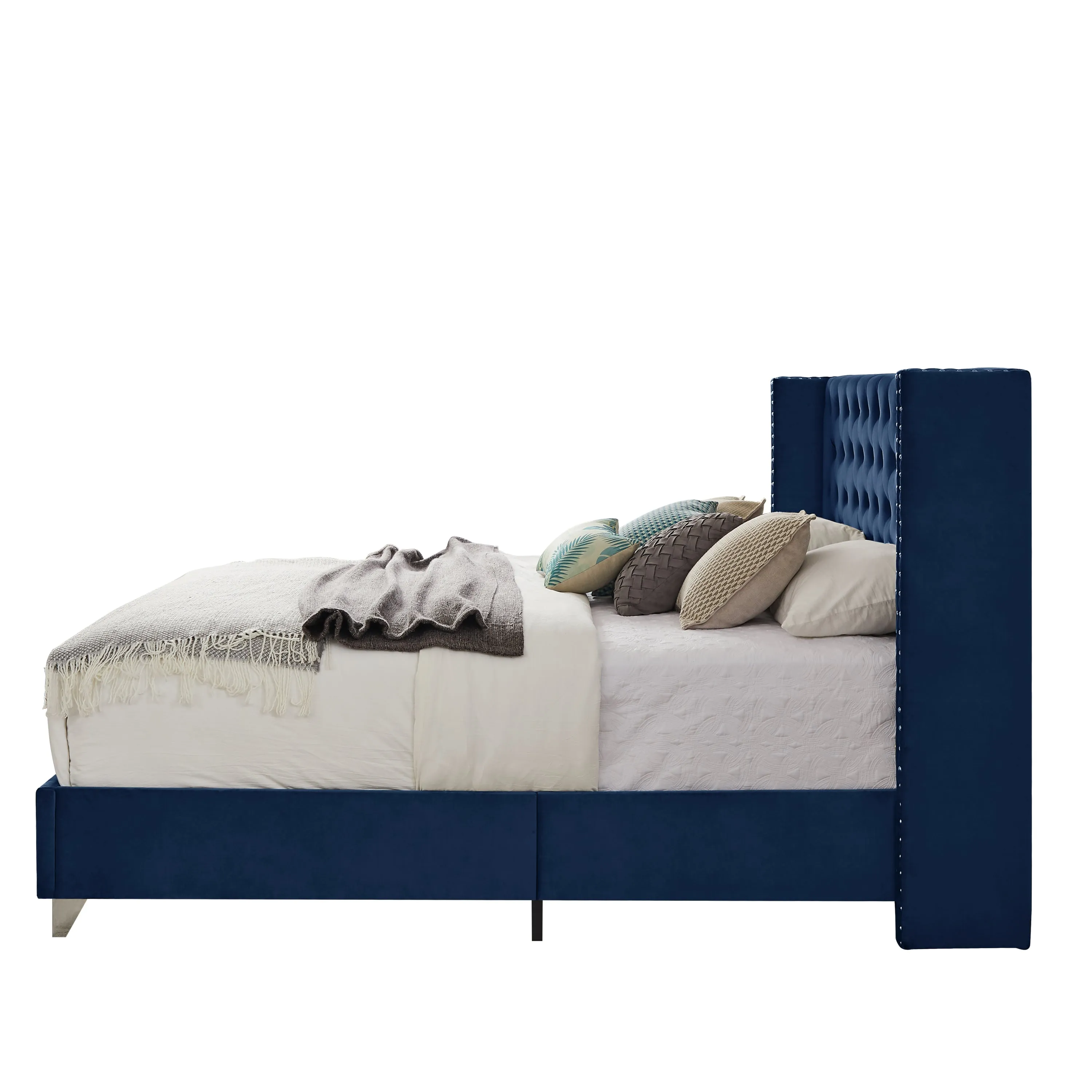 B100S King bed with one nightstand, Button designed Headboard,strong wooden slats   metal legs with Electroplate