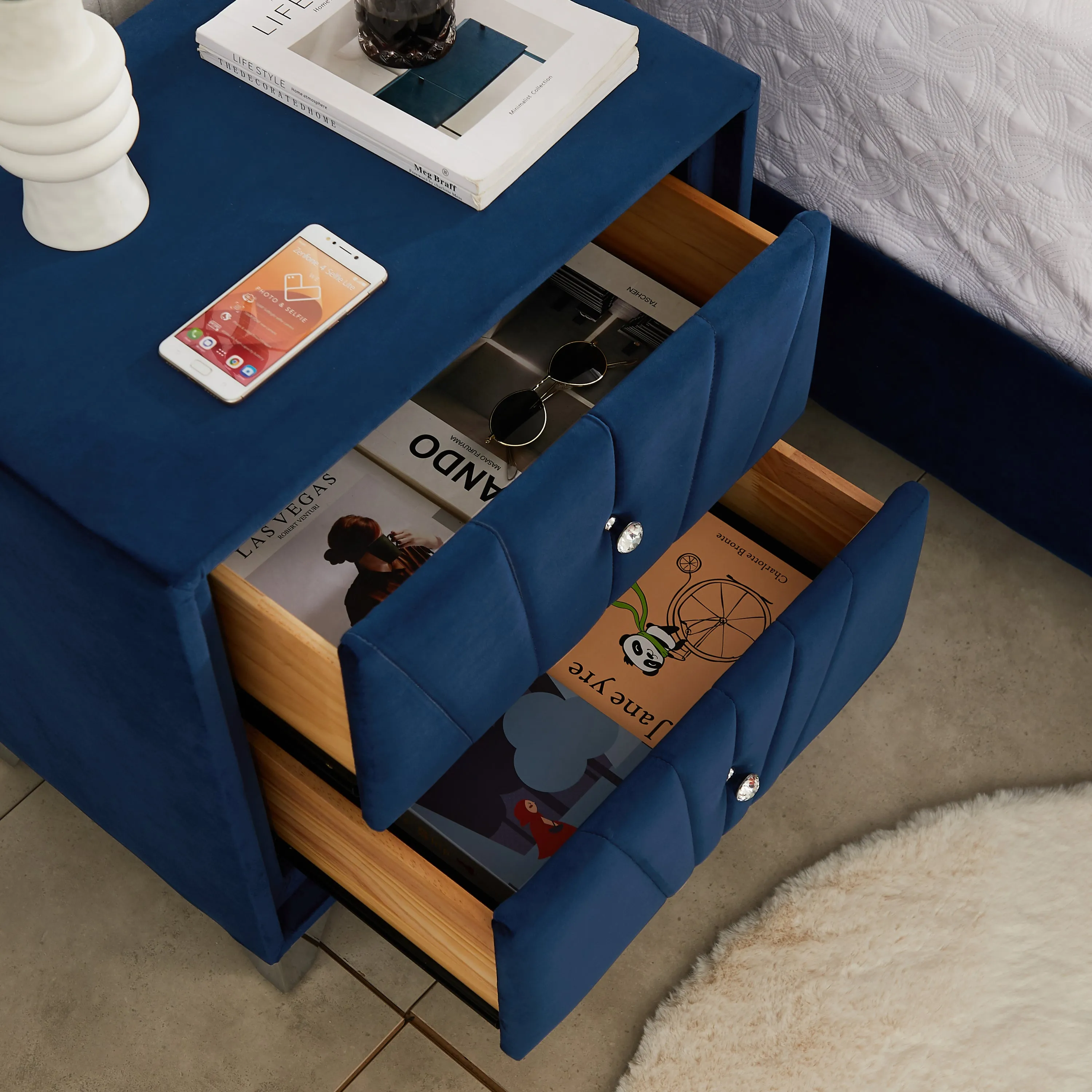 B108-TA Simple beautiful double-decker nightstand, metal legs with Electroplate，Bule Flannelette