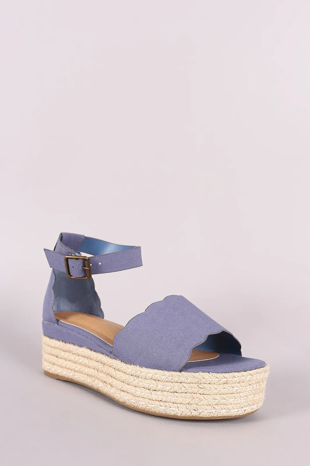 Bamboo Denim Scallop Open Toe Flatform Espadrille Wedge