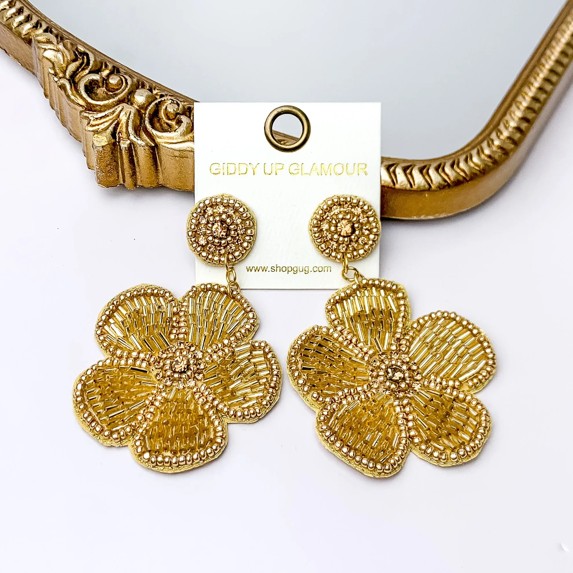 Beaded Flower Earrings in Gold with Crystal Stones