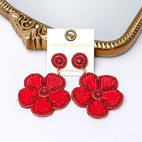 Beaded Flower Earrings in Red with Crystal Stones