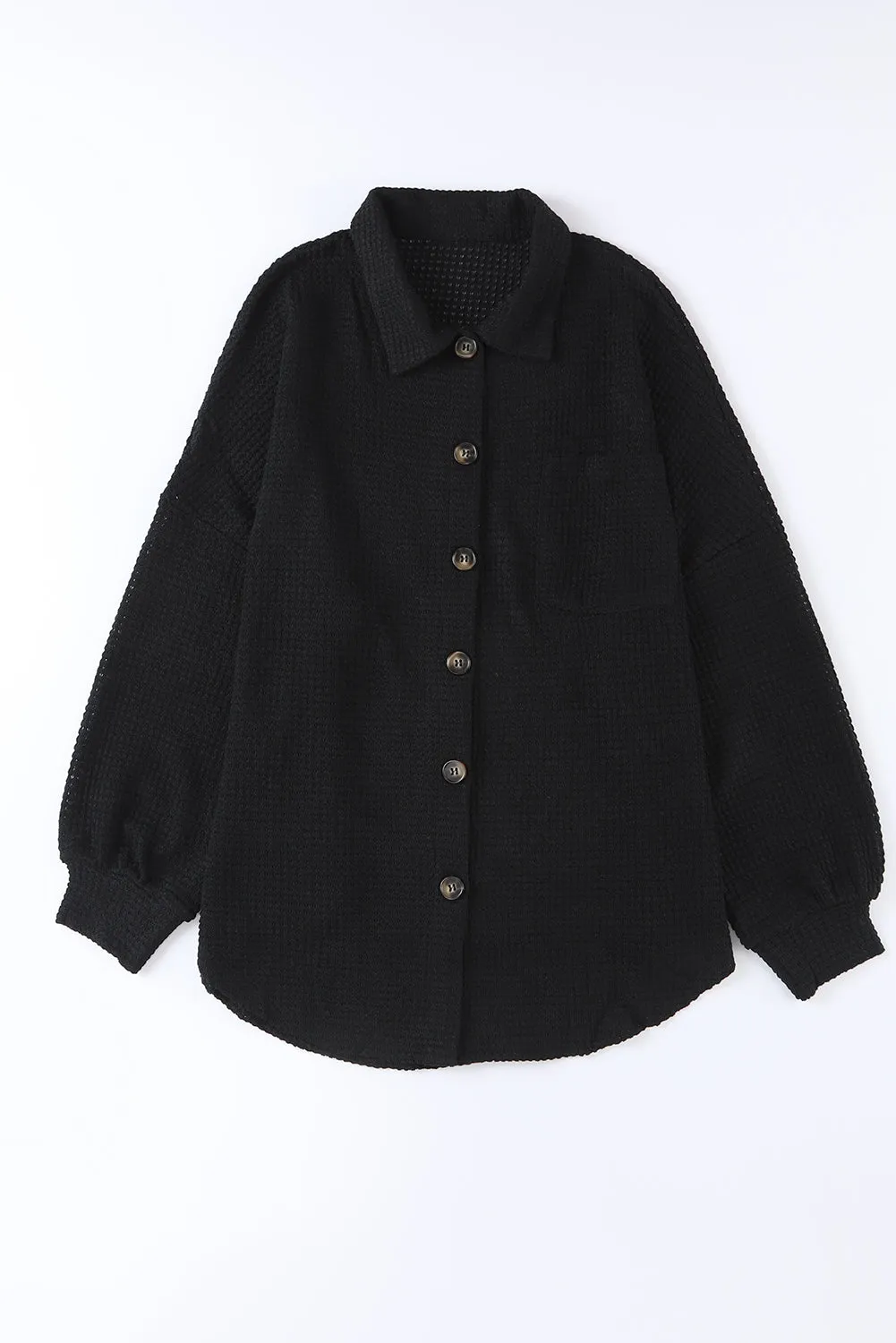 Black Waffle Knit Button Up Casual Shirt