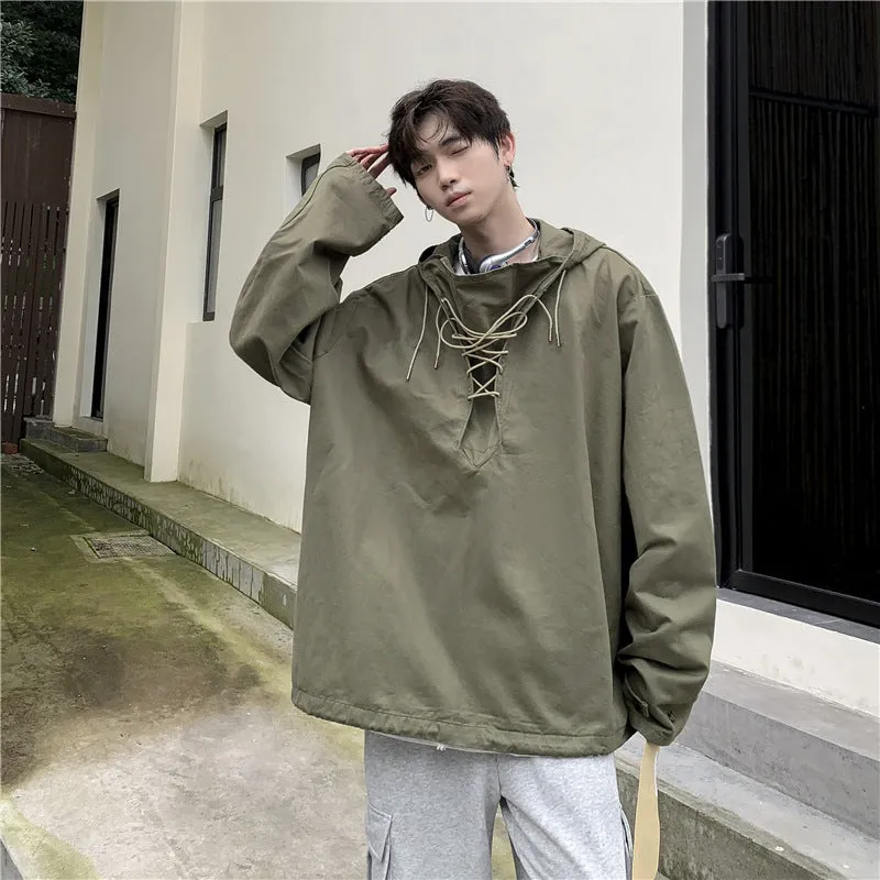 Bonsir 90s fashion Workwear Sweater Men's Japanese Ins Spring and Autumn Hooded Top Loose Pullover Casual Jacket