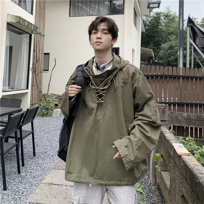 Bonsir 90s fashion Workwear Sweater Men's Japanese Ins Spring and Autumn Hooded Top Loose Pullover Casual Jacket