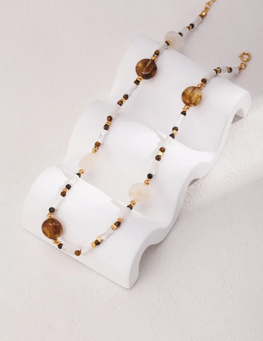 Brown Tiger Eye Stone Shells Beaded Necklace